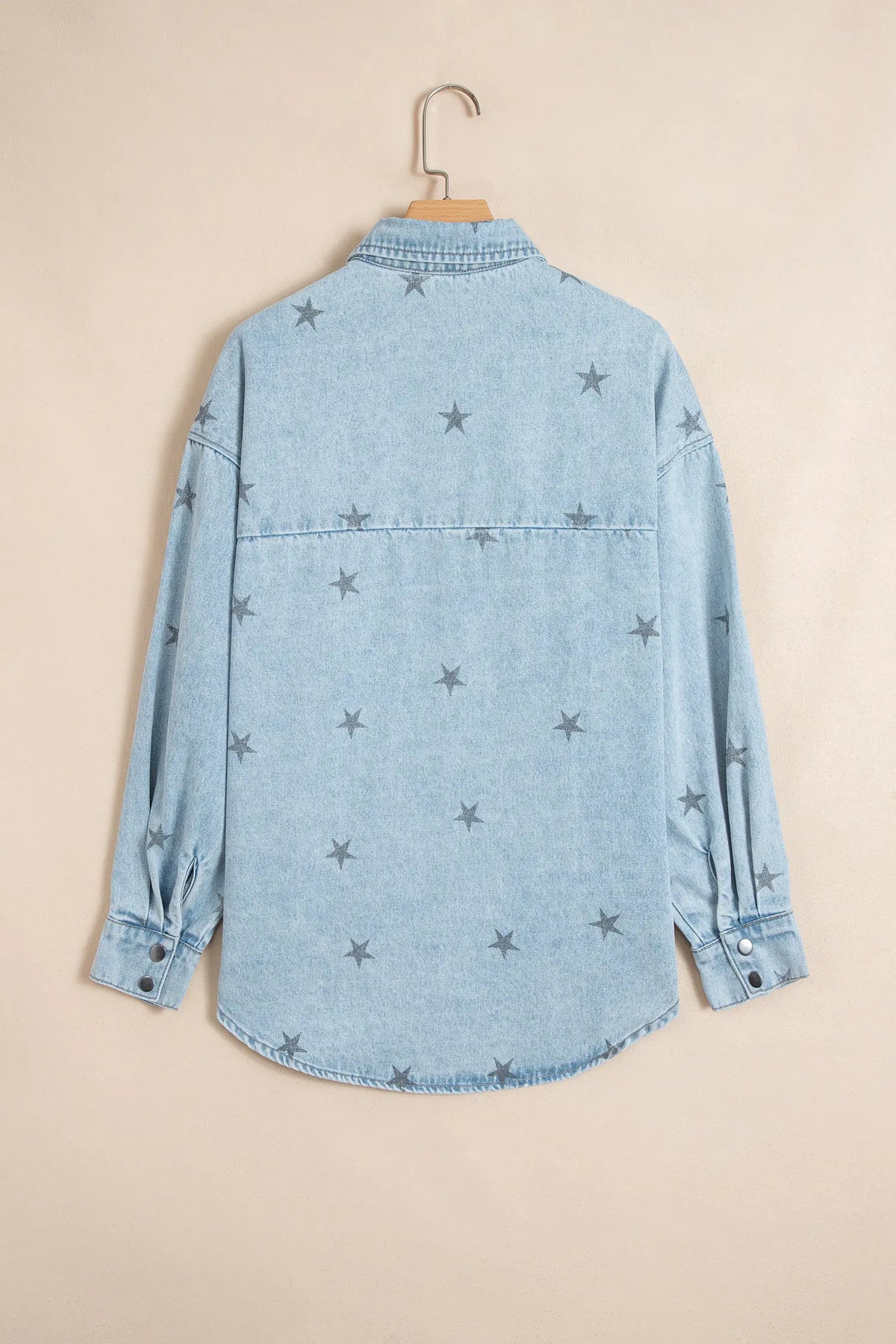 Sky Blue Stars Pattern Long Sleeve Shirt Collar Denim Jacket – Light Blue