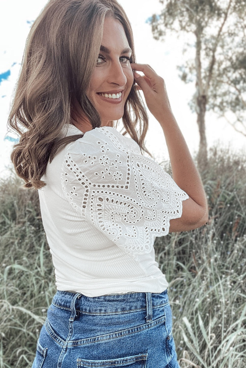 White Eyelet Pattern Short Sleeve Patchwork Ribbed Top eAura