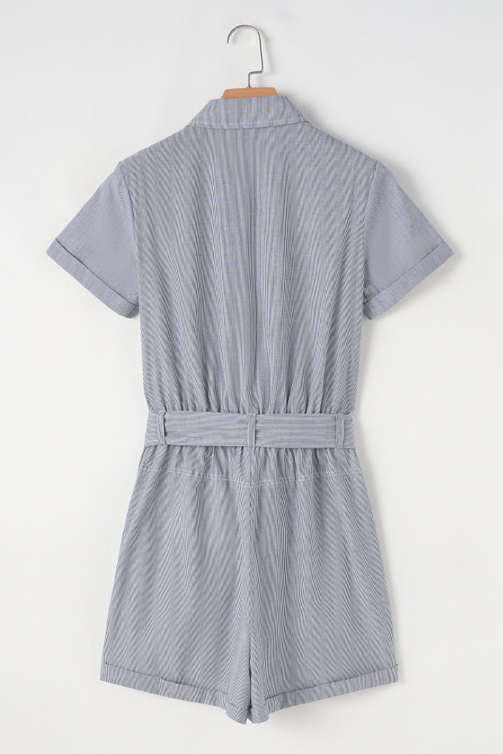 Blue Stripe Chest Pockets Buttoned Belted High Waist Romper eAura