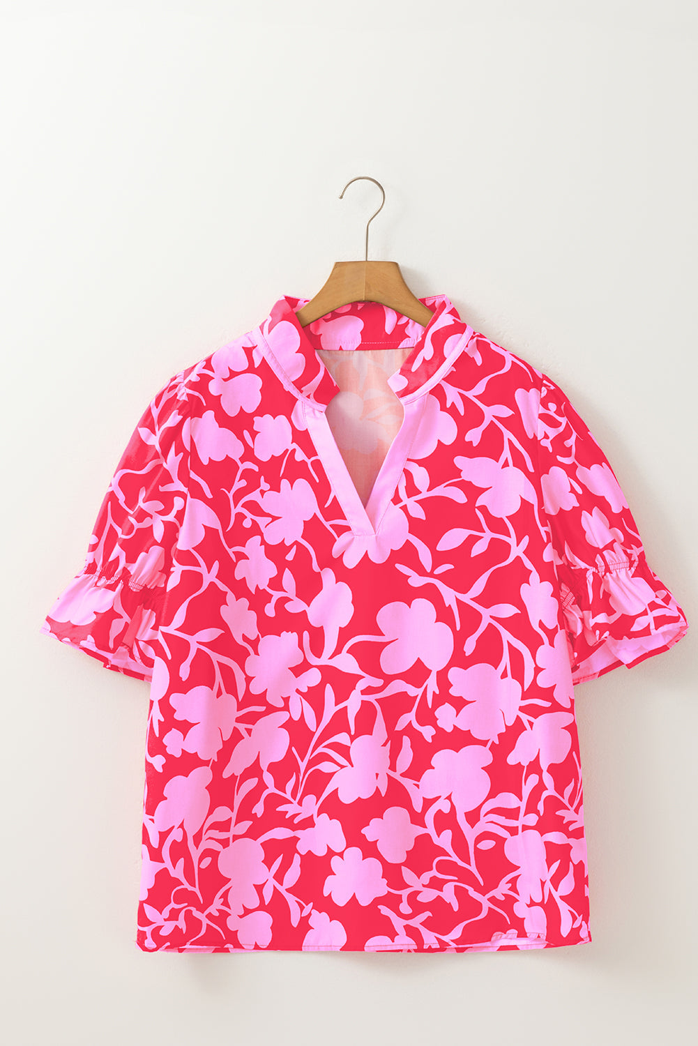 Red Floral Split V-Neck Ruffled Short Sleeve Blouse Top eAura