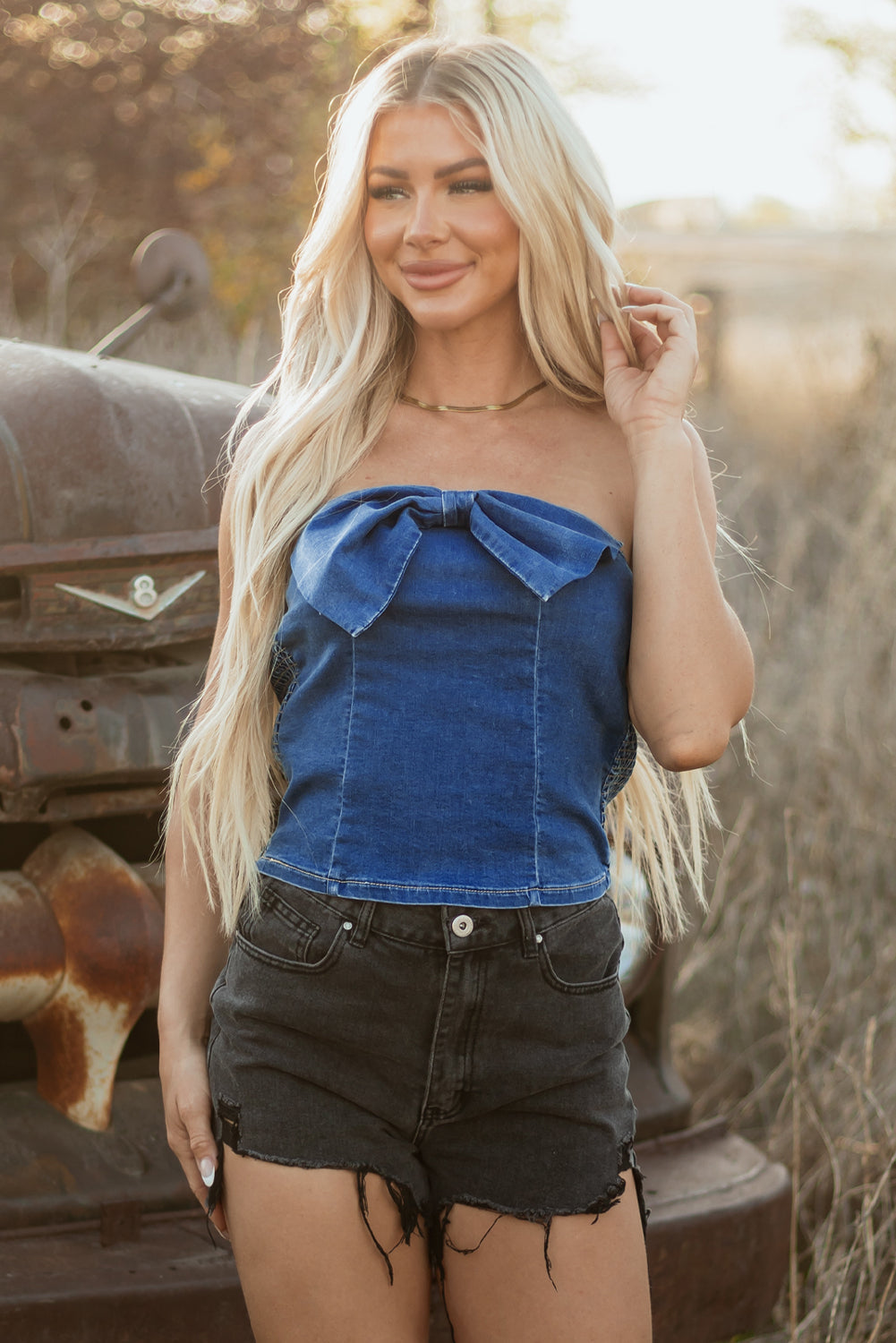 Sail Blue Vintage Bow Front Smocked Back Denim Tube Top eAura