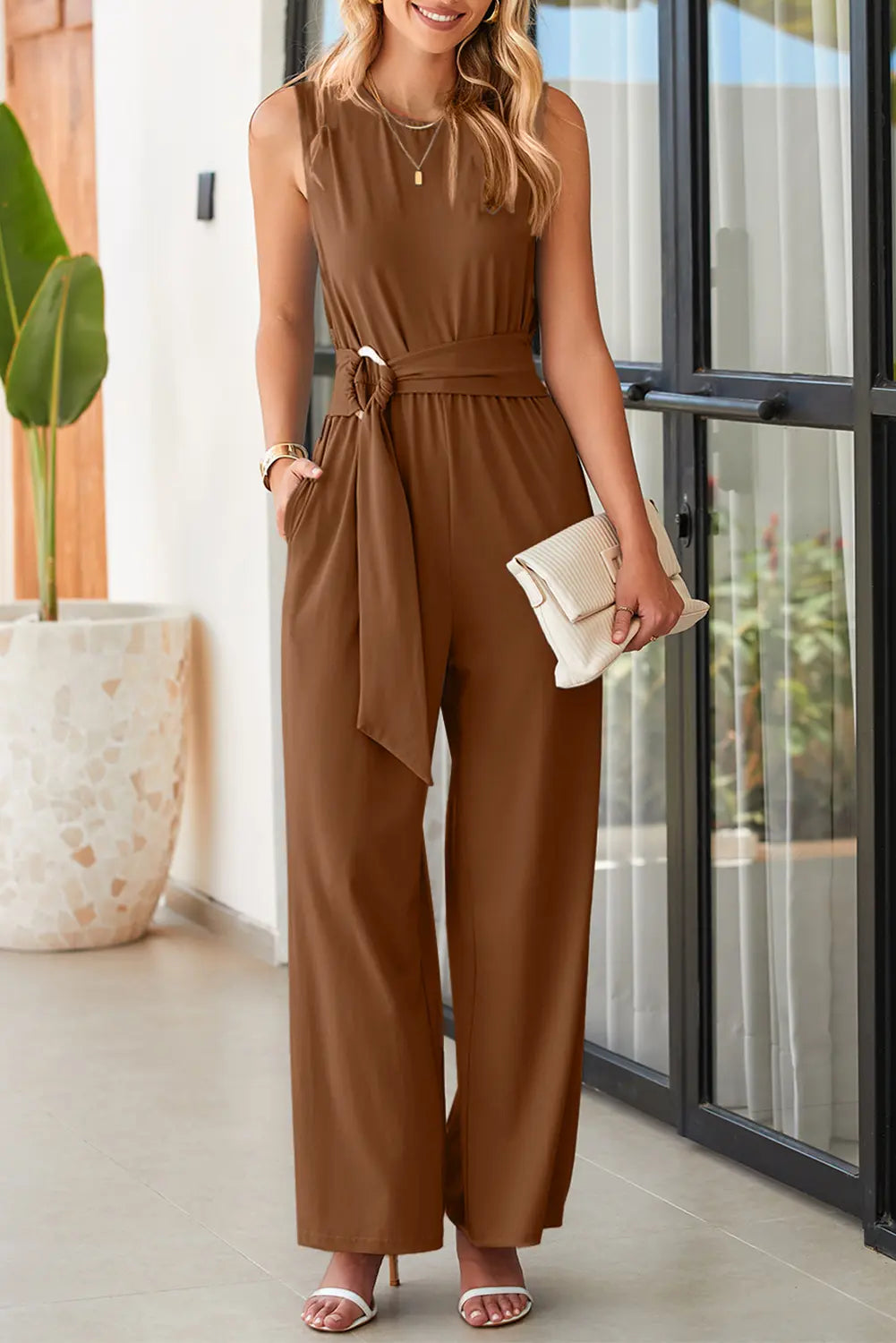 Clay Buckle Sash Detail Sleeveless Loose Jumpsuit