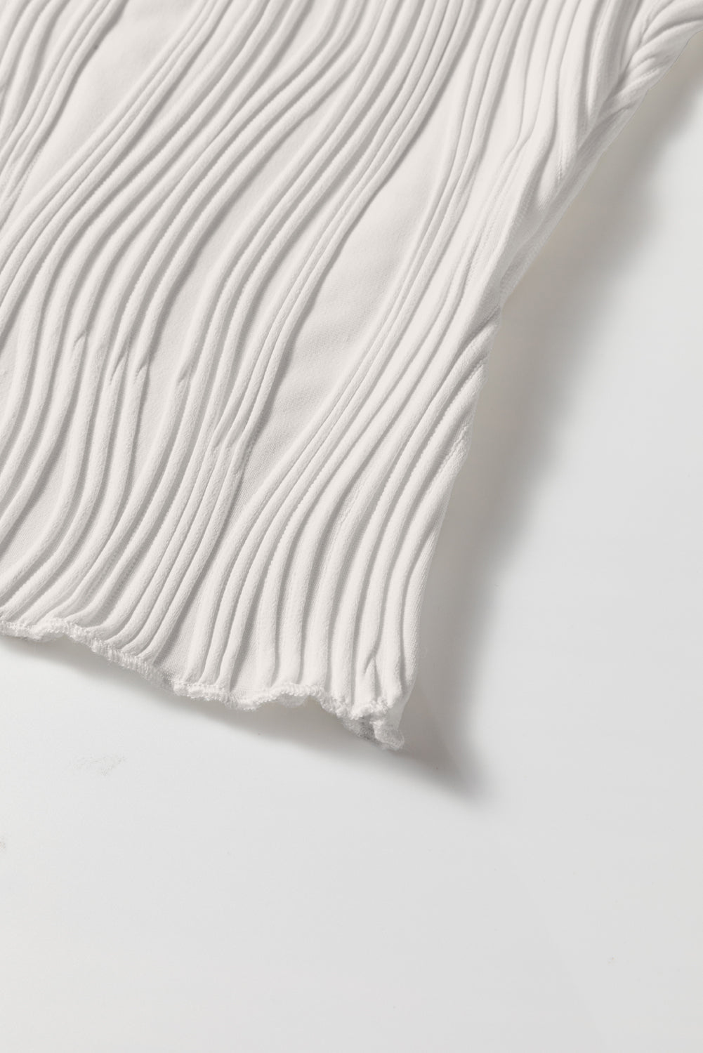 White Solid Colour Wavy Textured Round Neck Sleeveless Top - eAura