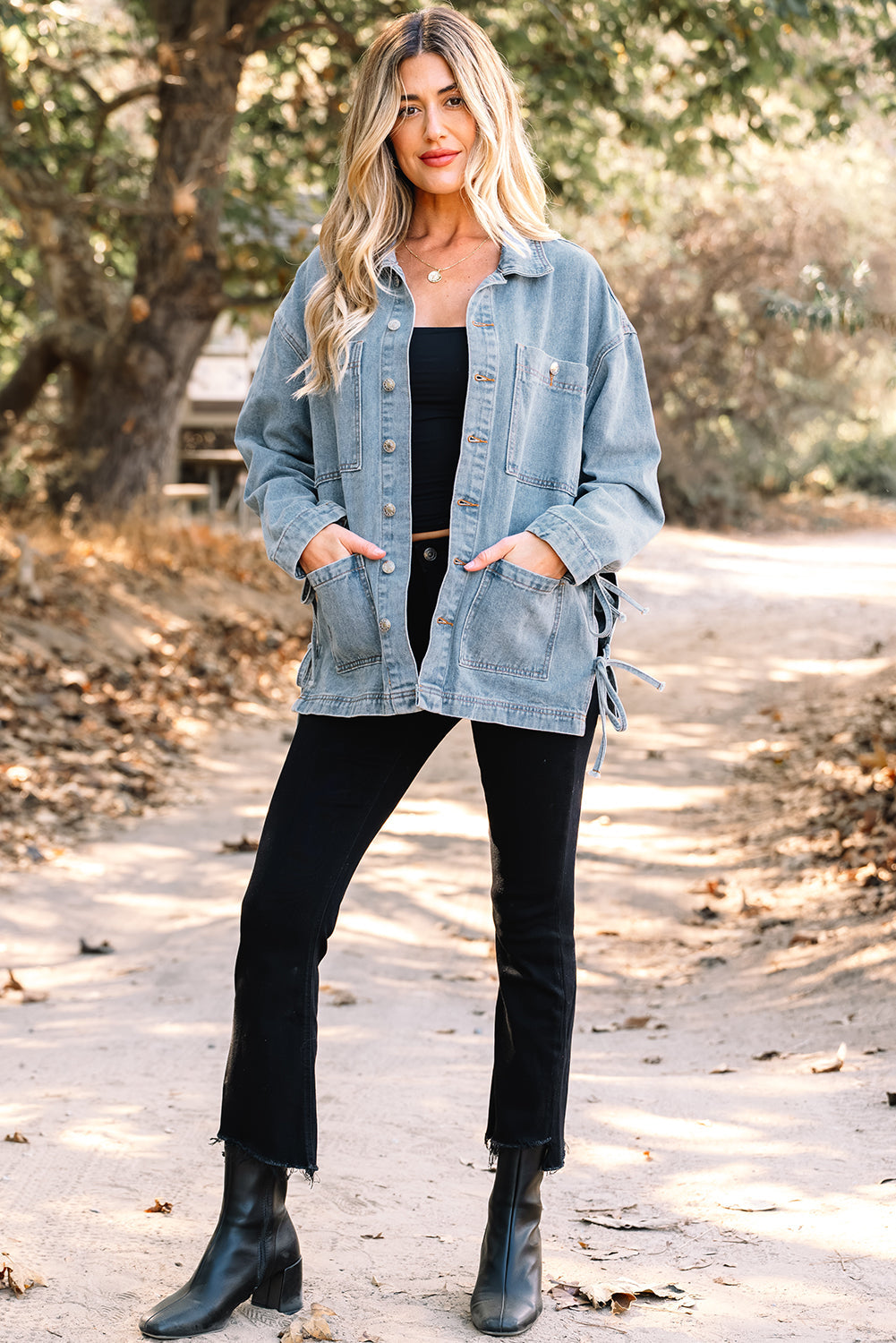 Beau Blue Multi Patched Pockets Side Tie up Boyfriend Style Denim Jacket - eAura