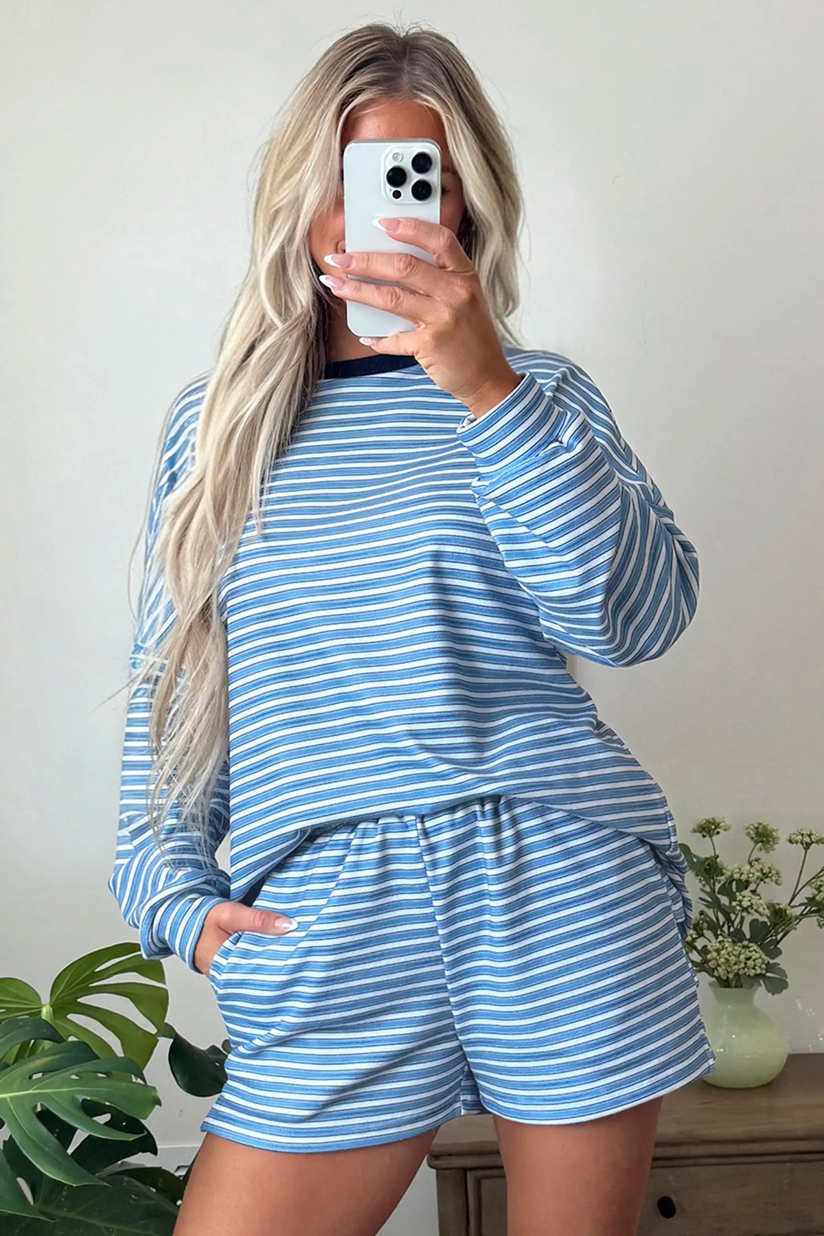 Long Sleeve Oversized Top Pocketed Casual Shorts Two Piece Set – Sky Blue Stripe