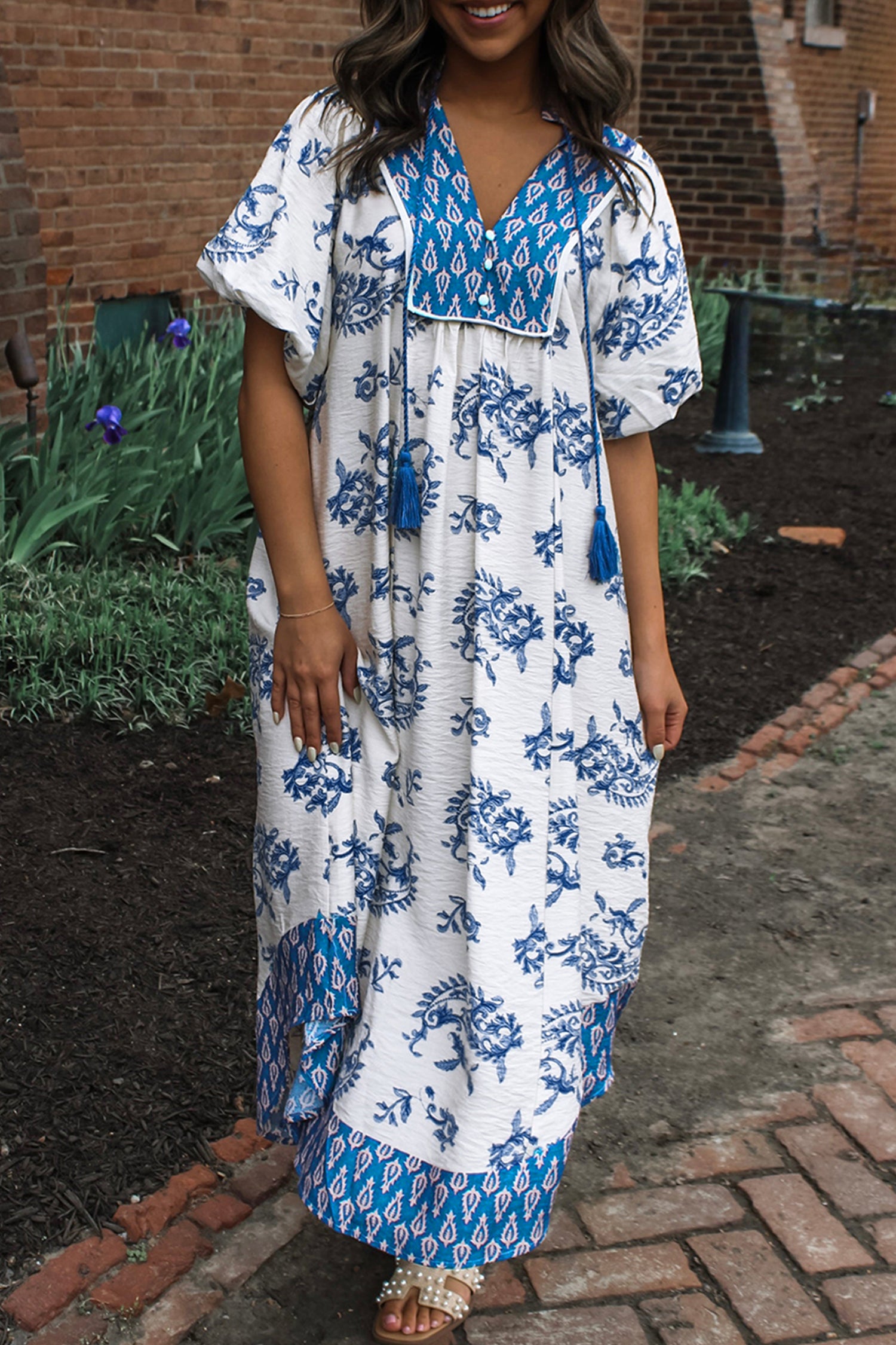 Sky Blue Boho Abstract Print Tassel Tie Maxi Dress
