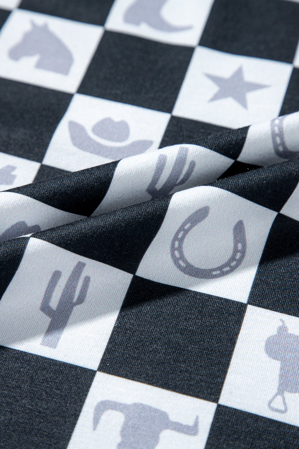 Black Western Fashion Checkerboard Print Side Split T Shirt eAura