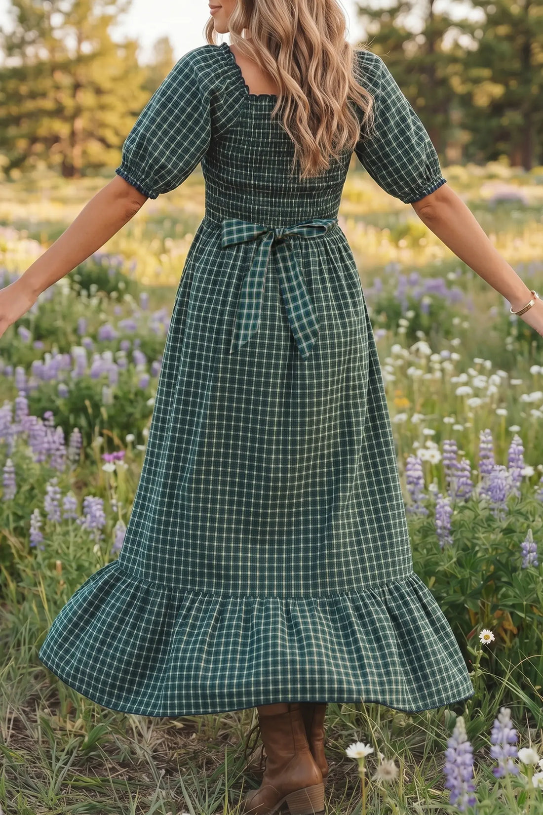 Plaid Square Neck Shirred High Waist Ruffle Hem Dress – Green