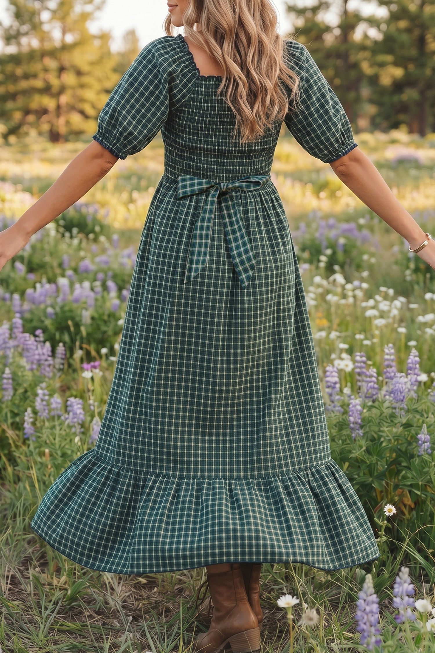 Plaid Square Neck Shirred High Waist Ruffle Hem Dress – Green