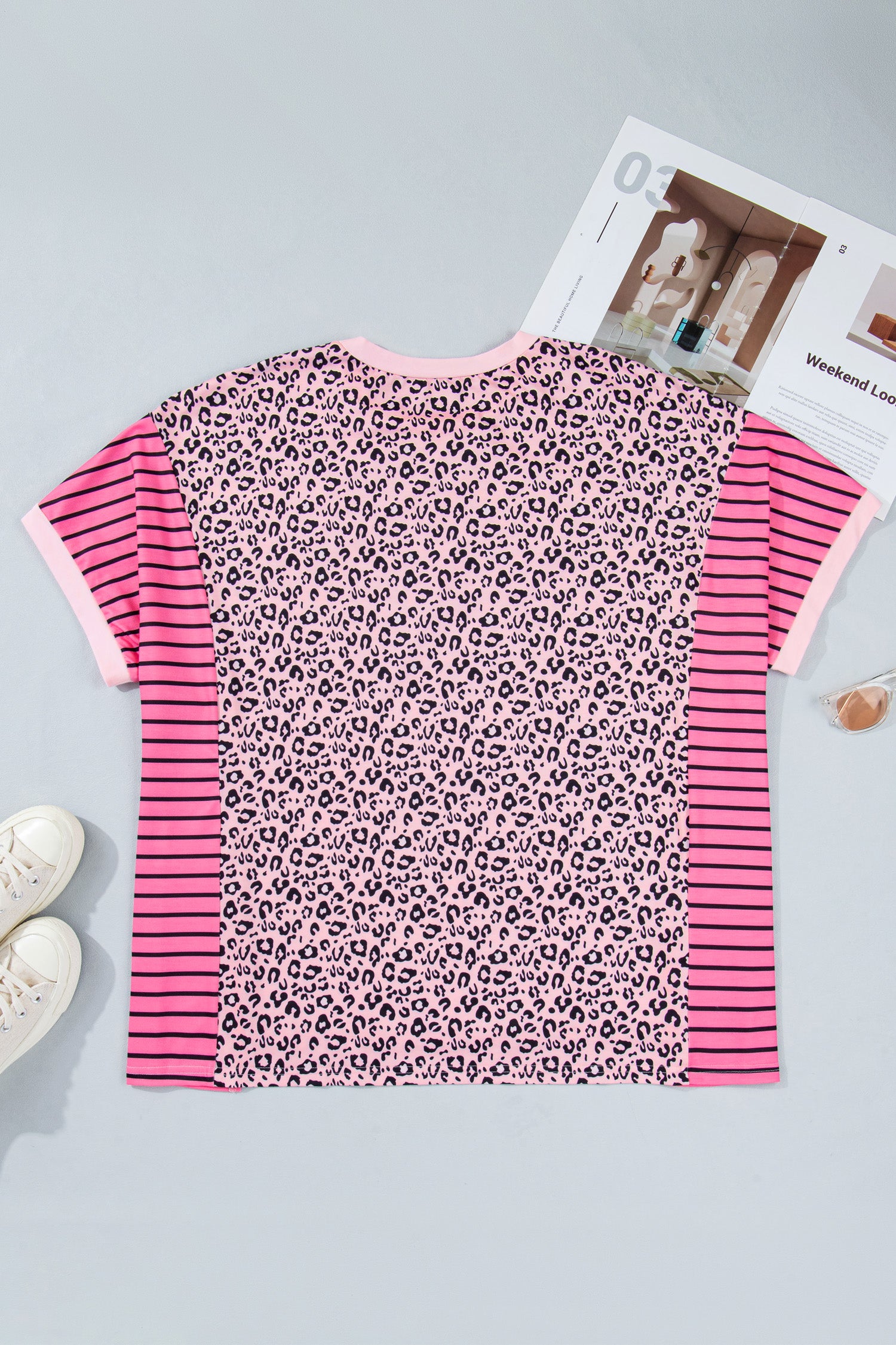 Plus Size Leopard Striped Contrast Patchwork Tee – Pink