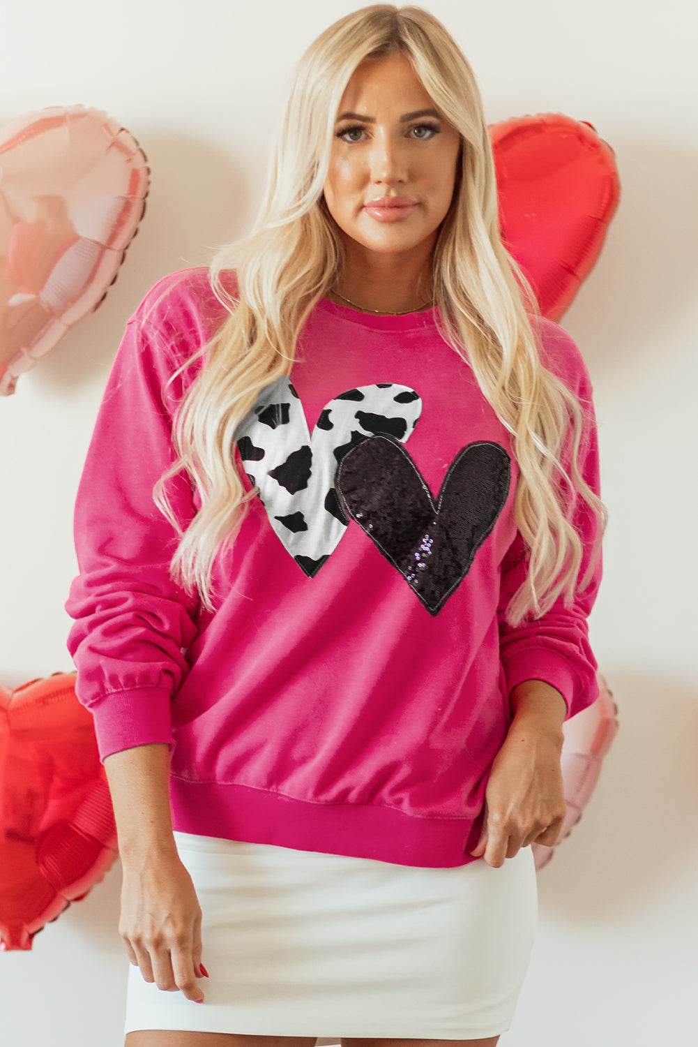 Strawberry Pink Cow & Sequin Double Heart Patch Graphic Sweatshirt eAura