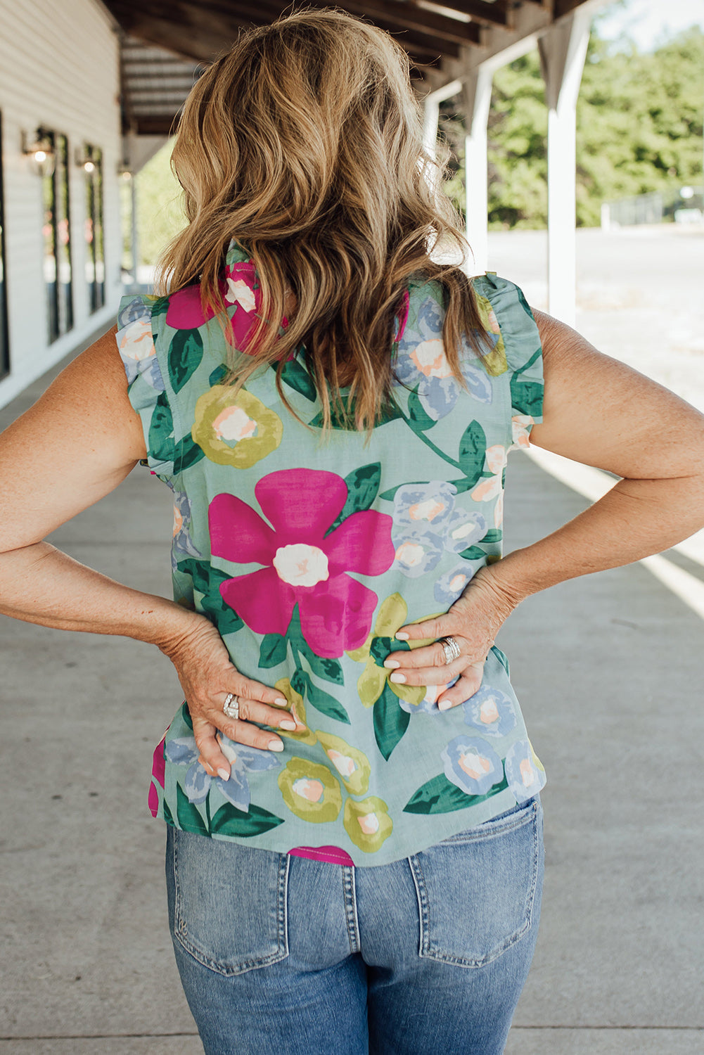 Green Floral Print Ruffle Trim Tank Top eAura