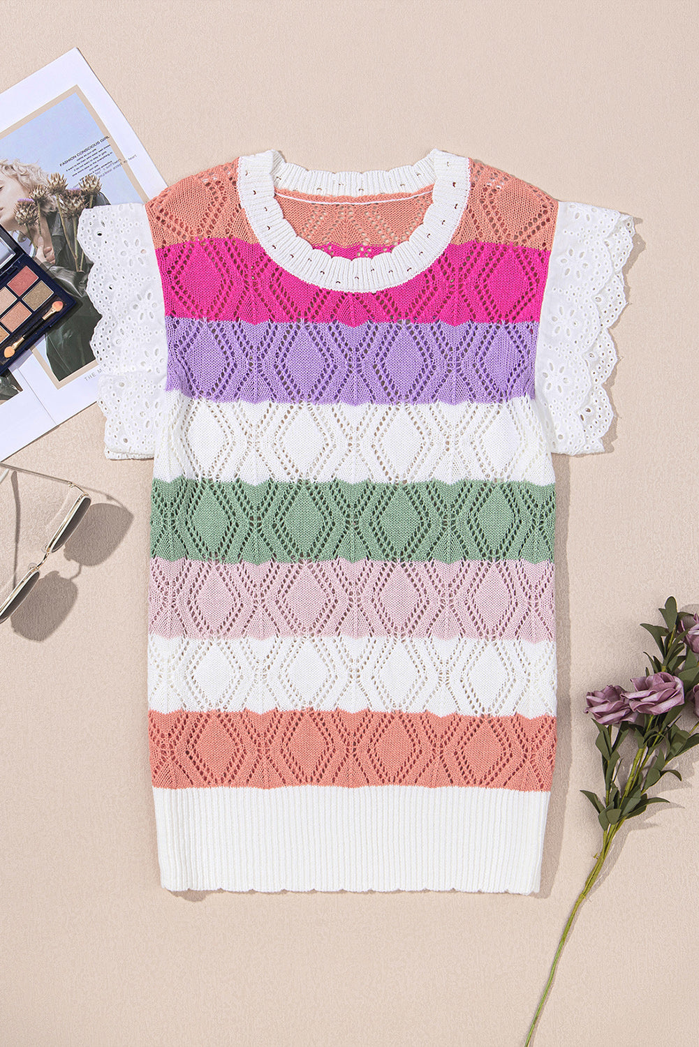 Rose Stripe Colourblock Hollowed Knit Scallop Edge Sweater Vest eAura