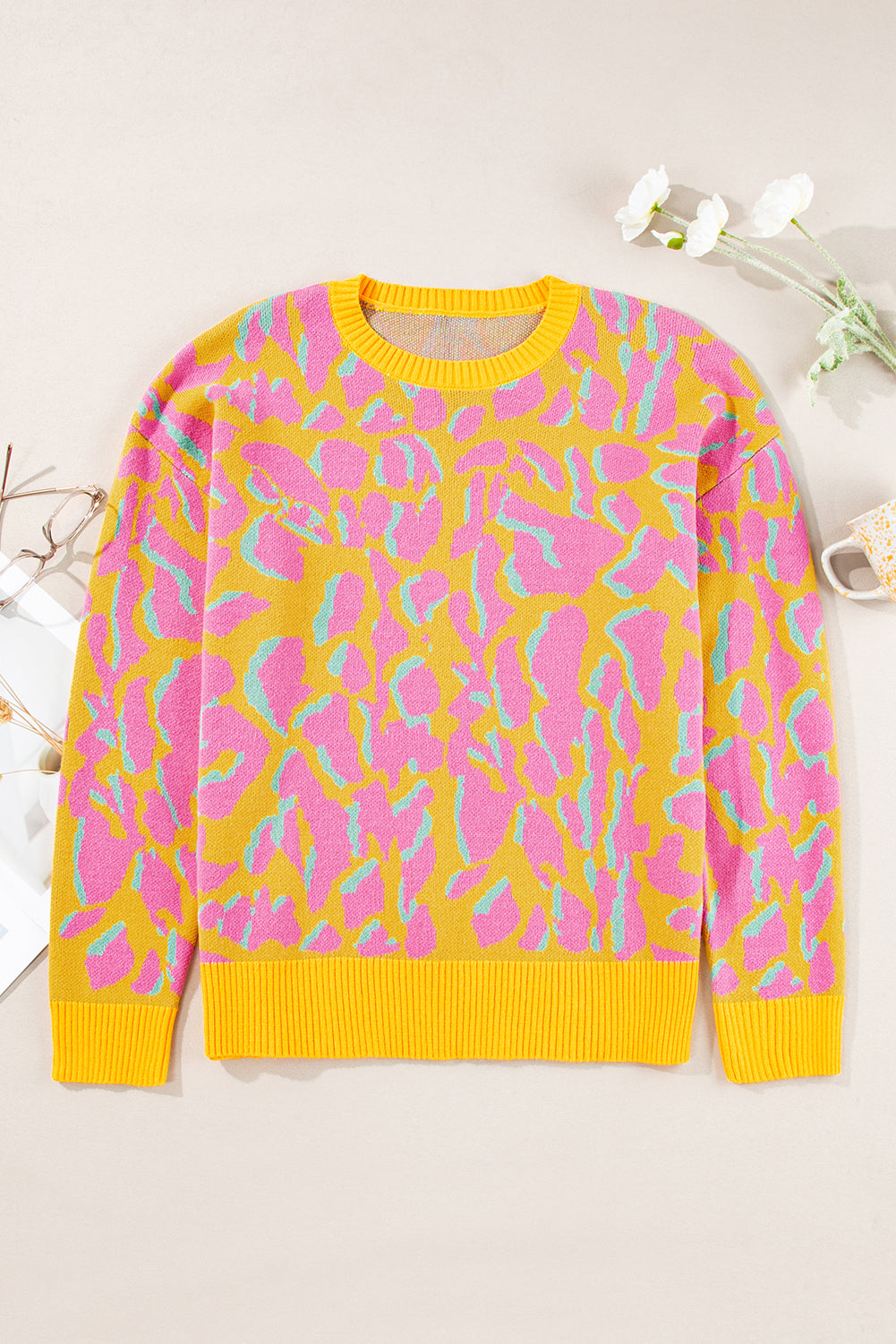 Green Abstract Print Ribbed Trim Baggy Sweater eAura