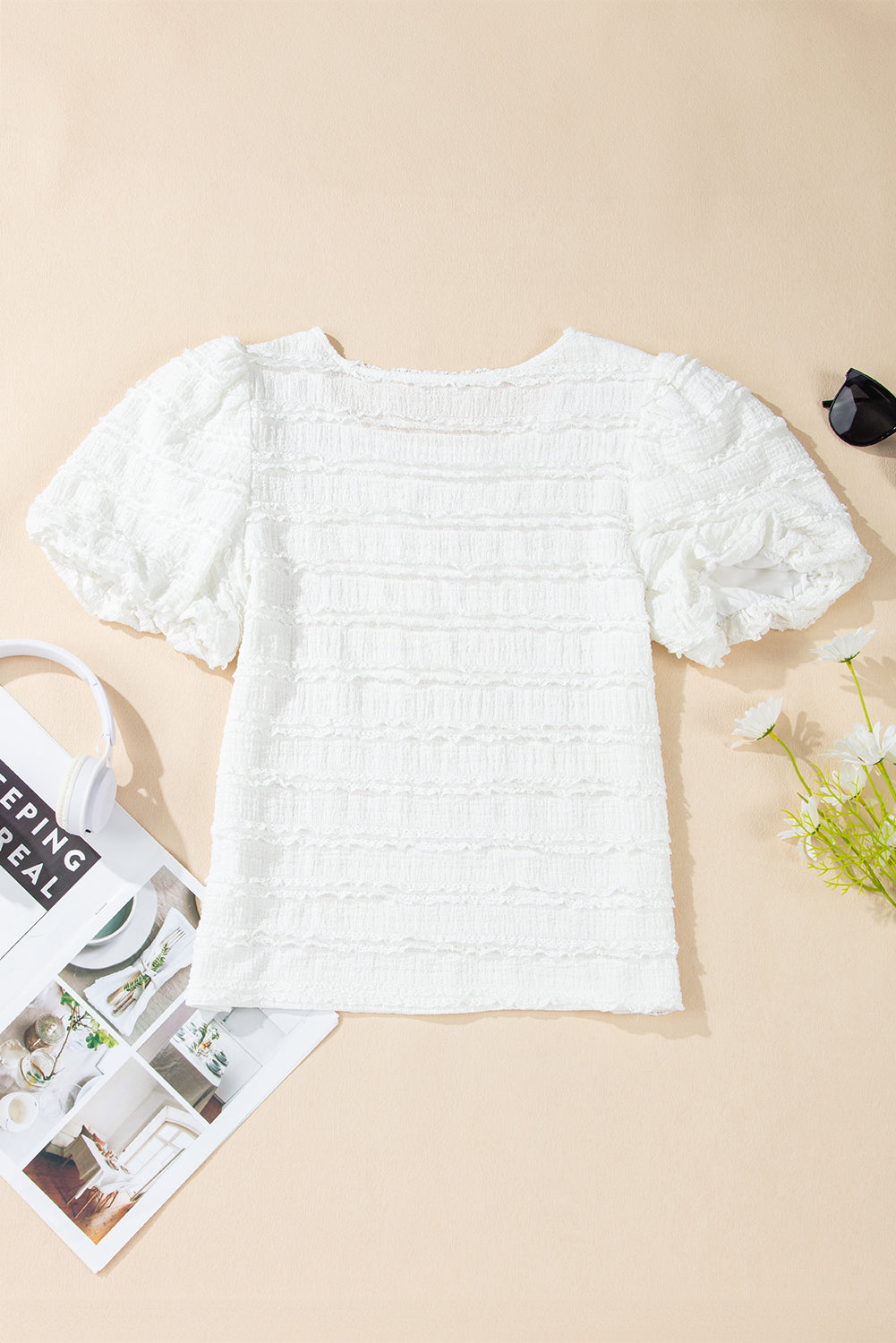 White Frilled Lace Trim Bubble Sleeve Blouse eAura