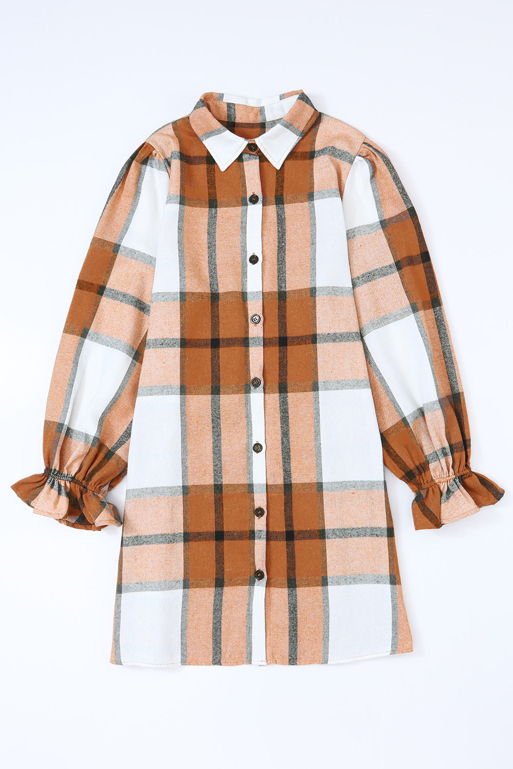 Khaki Plaid Pattern Collared Neck Ruffled Sleeve Shirt Dress eAura