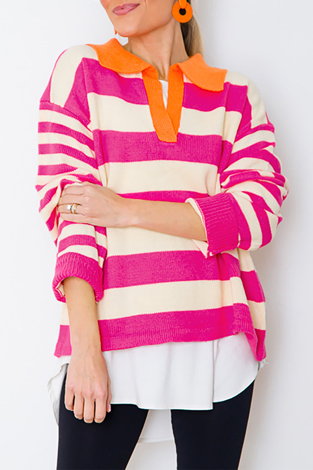 Rose Stripe Colour Block Collared V Neck Drop Shoulder Sweater eAura