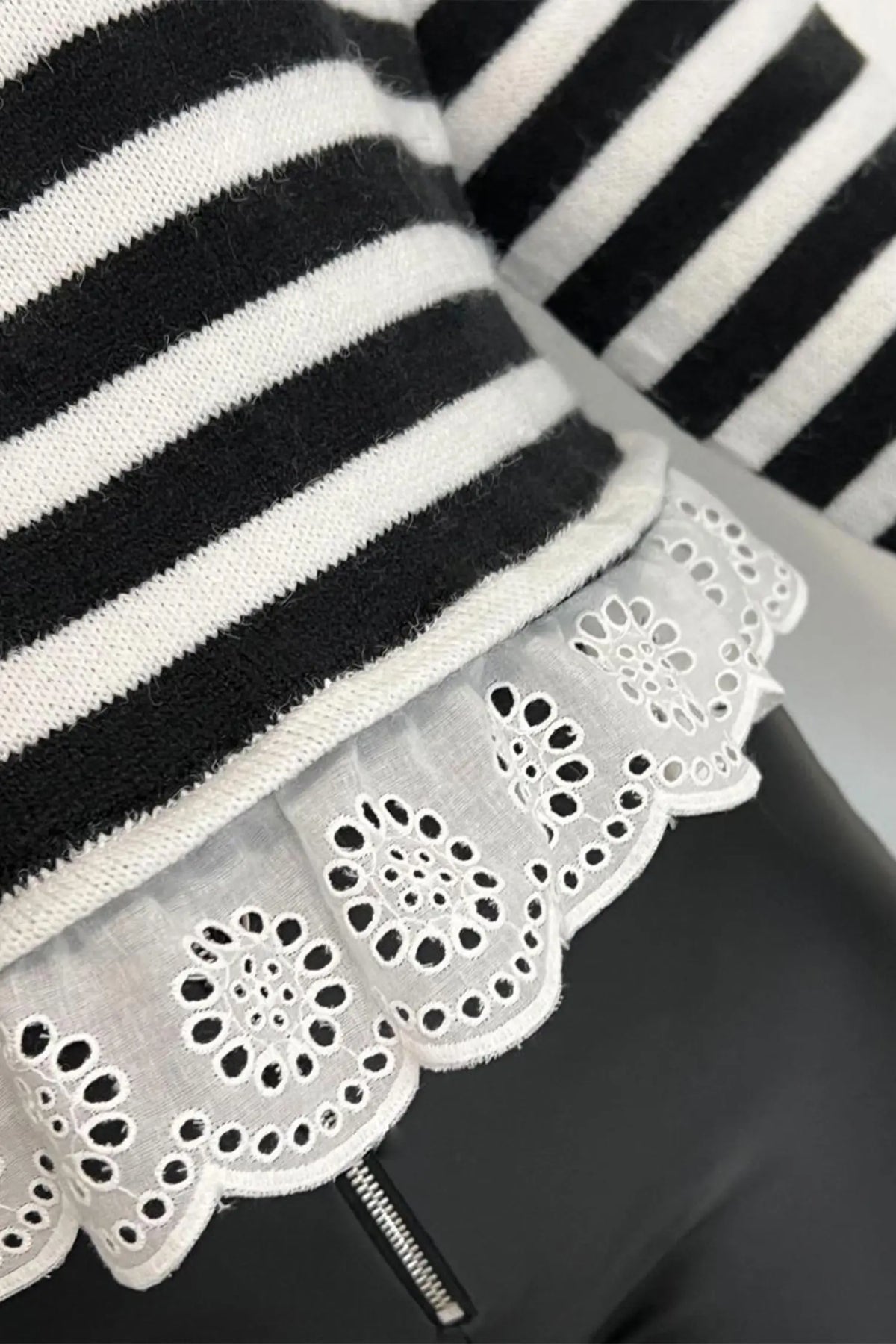 Black Striped High Neck Contrast Ruffle Detail Casual Sweater