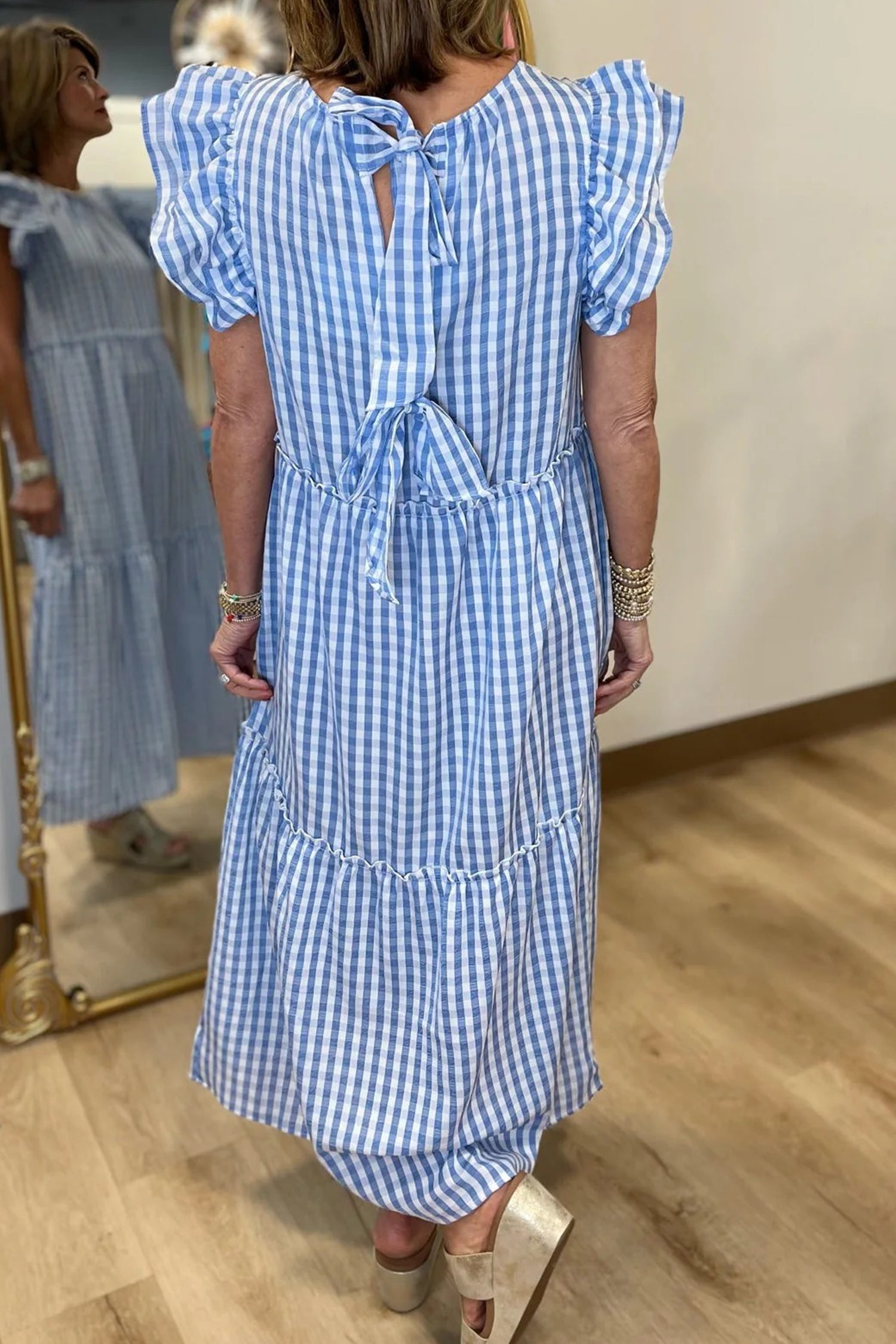 Blue Ruffled Short Sleeve Gingham Print Maxi Dress