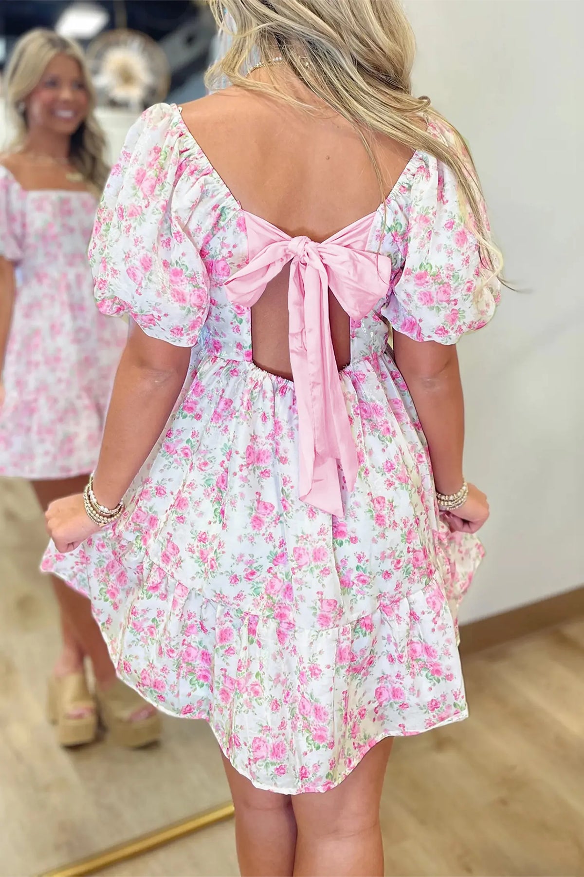 Floral Print Square Neck Ribbon Knot Back Cute Mini Dress – Pink
