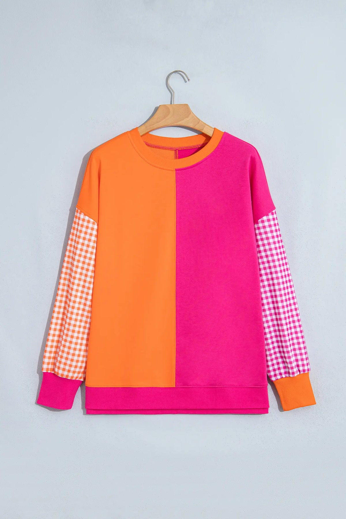 Colourblock Gingham Sleeve Crewneck Sweatshirt – Rose Red