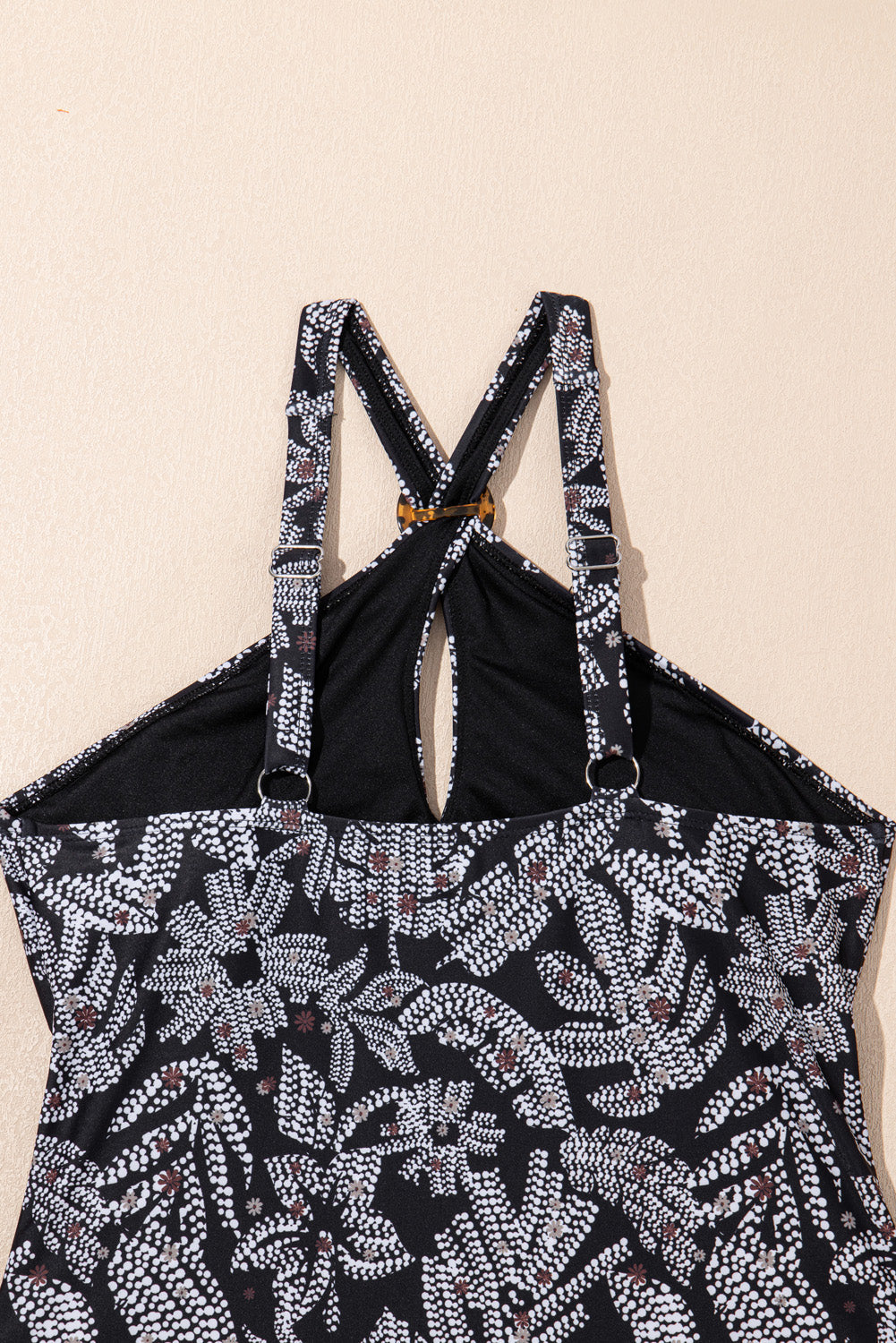 Black Abstract Printed Buckle Crossed Straps Skirted Tankini 2pcs Swimsuit eAura