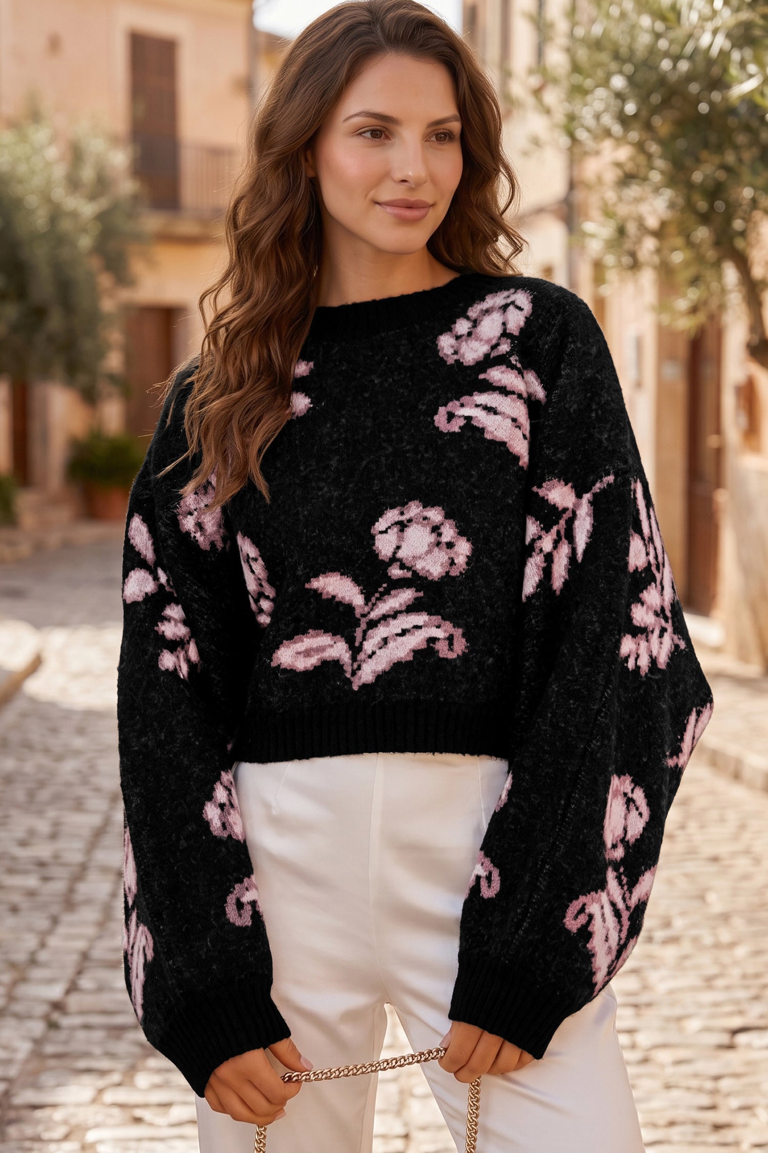 Floral Pattern Puff Sleeve Dropped Shoulder Pullover Sweater – Black