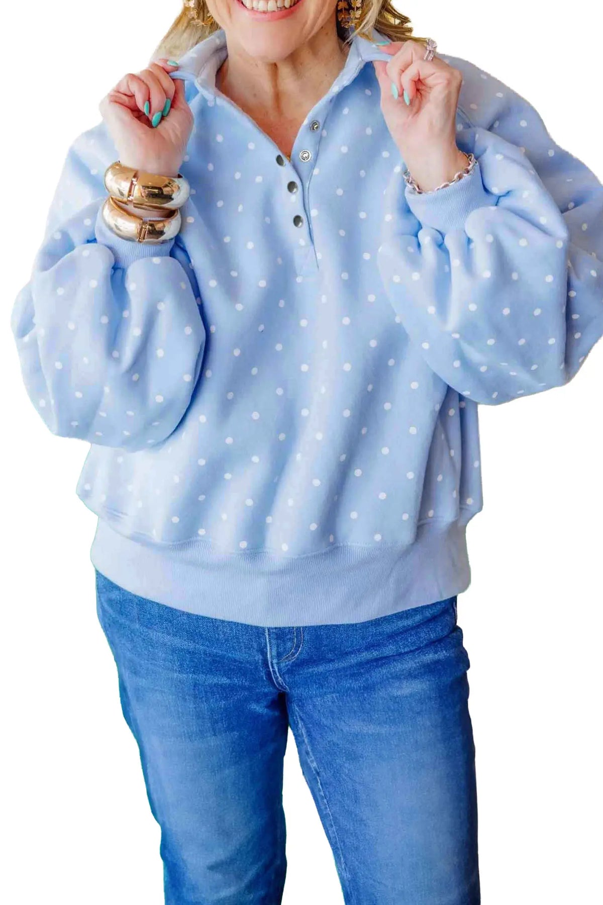 Sky Blue Polka Dot V Neck Metal Button Long Sleeve Shift Plus Size Sweatshirt – Light Blue
