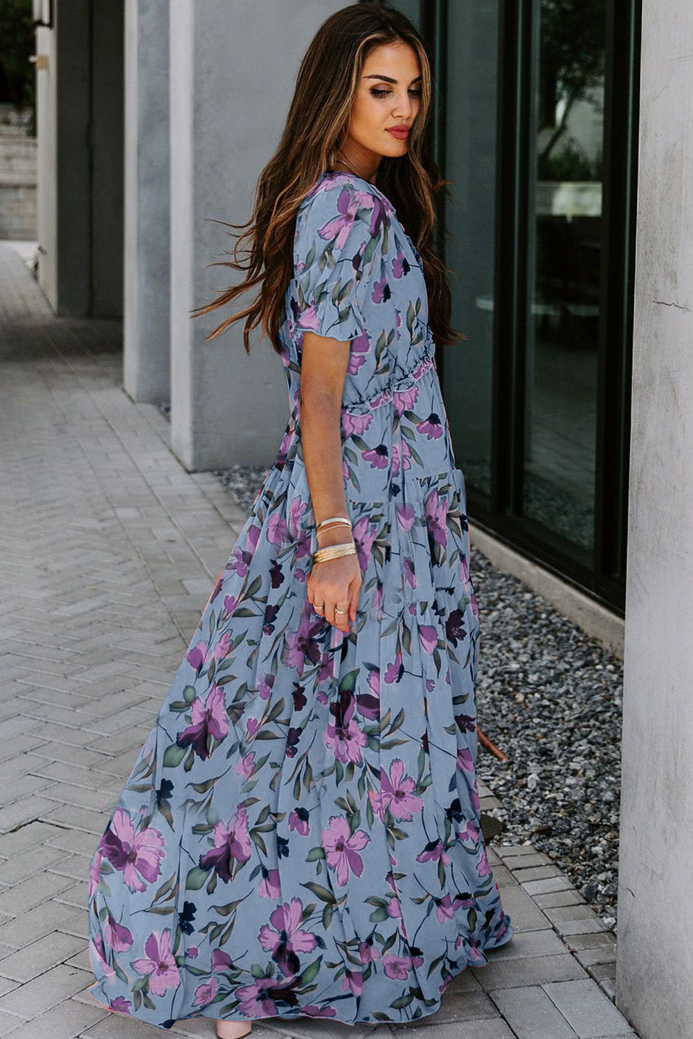 Floral Print Frilled V-Neck Short Sleeve Maxi Dress