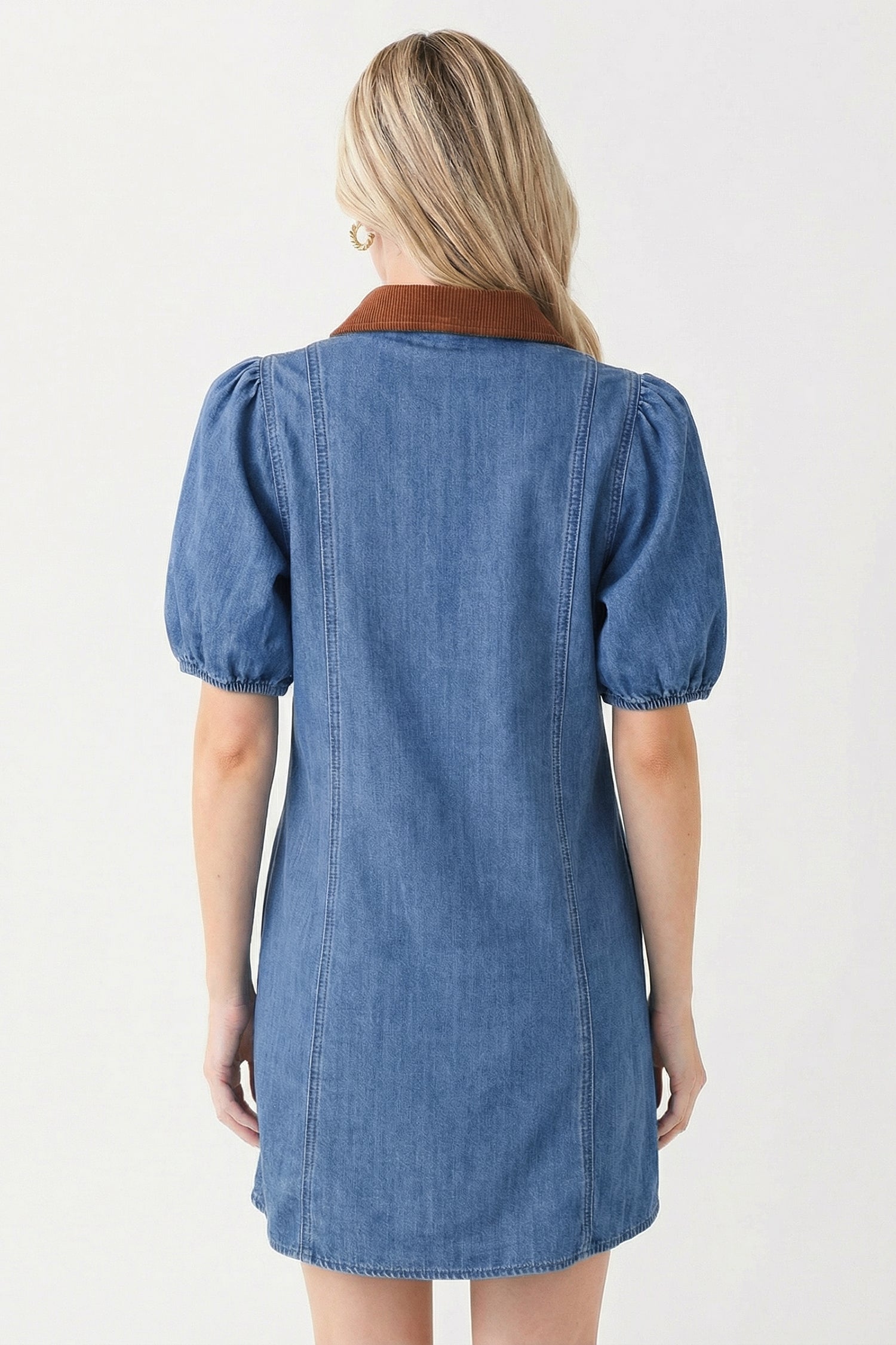 Denim Short Puff Sleeve Collared Mini Dress