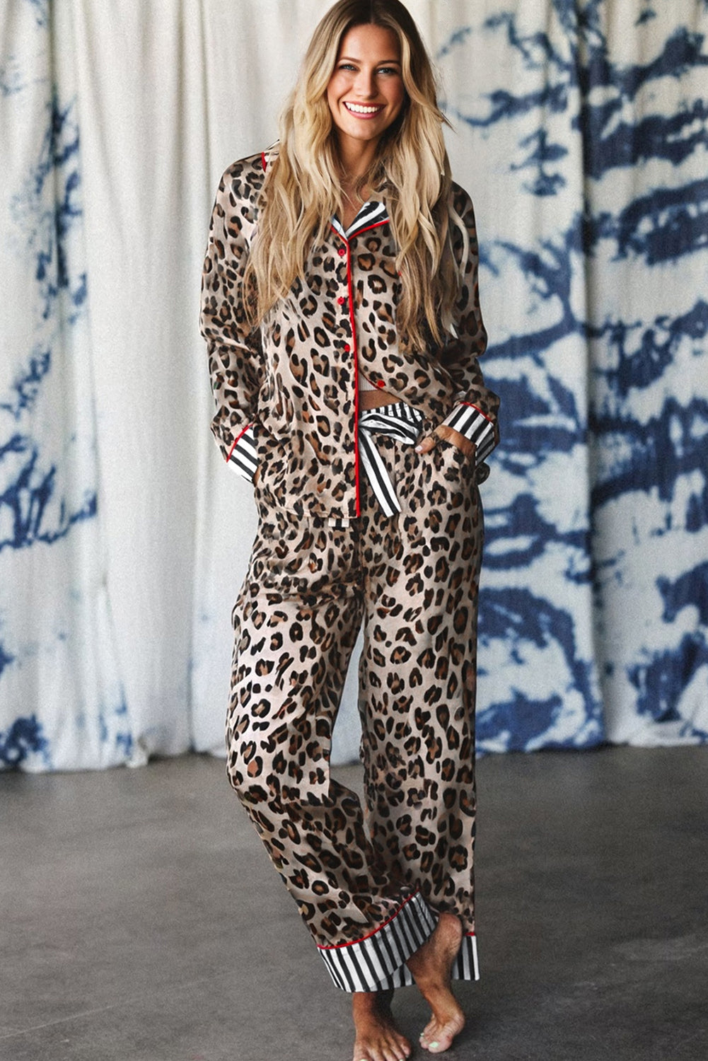 Leopard Print Striped Edge Shirt Pyjama Set - eAura