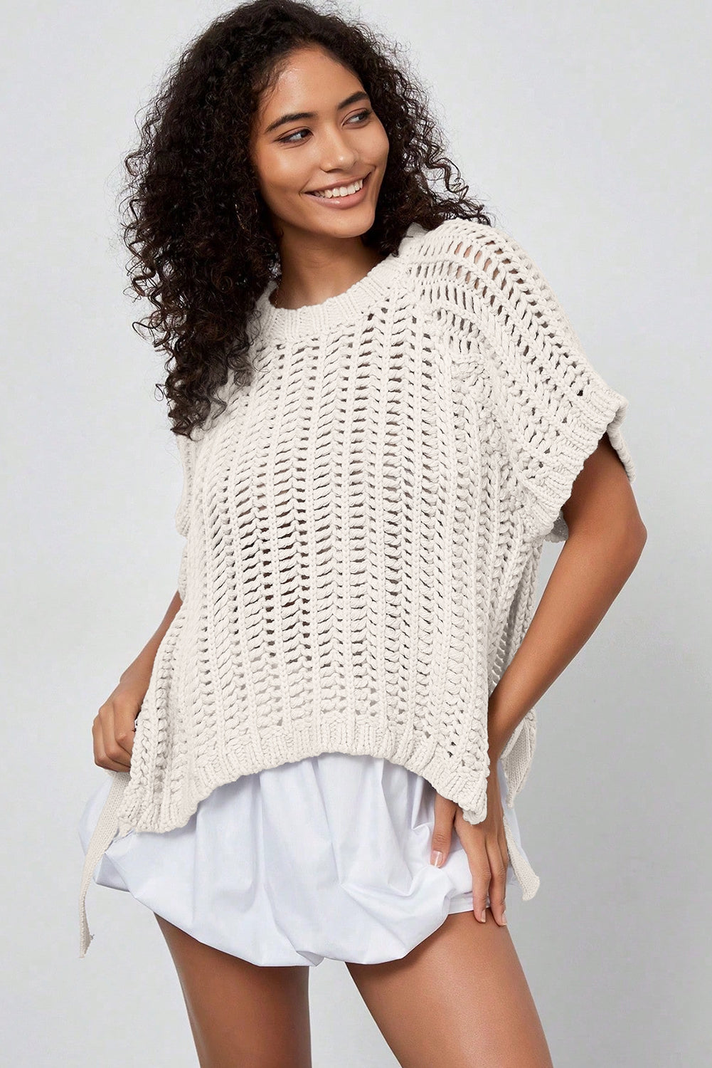 Plus Size Open Knit Bow Tie Short Sleeve Sweater - eAura