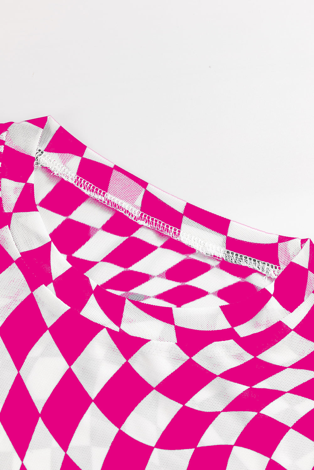 Checkered Pattern Mesh Mock Neck Long Sleeve Top - eAura