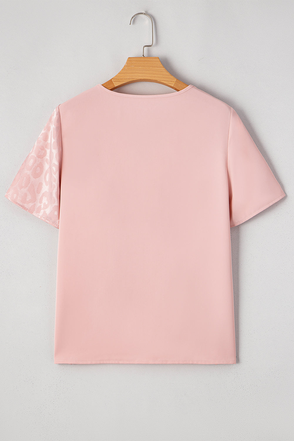 Pink Leopard Jacquard Patchwork Crisscross V-Neck Short Sleeve Blouse eAura
