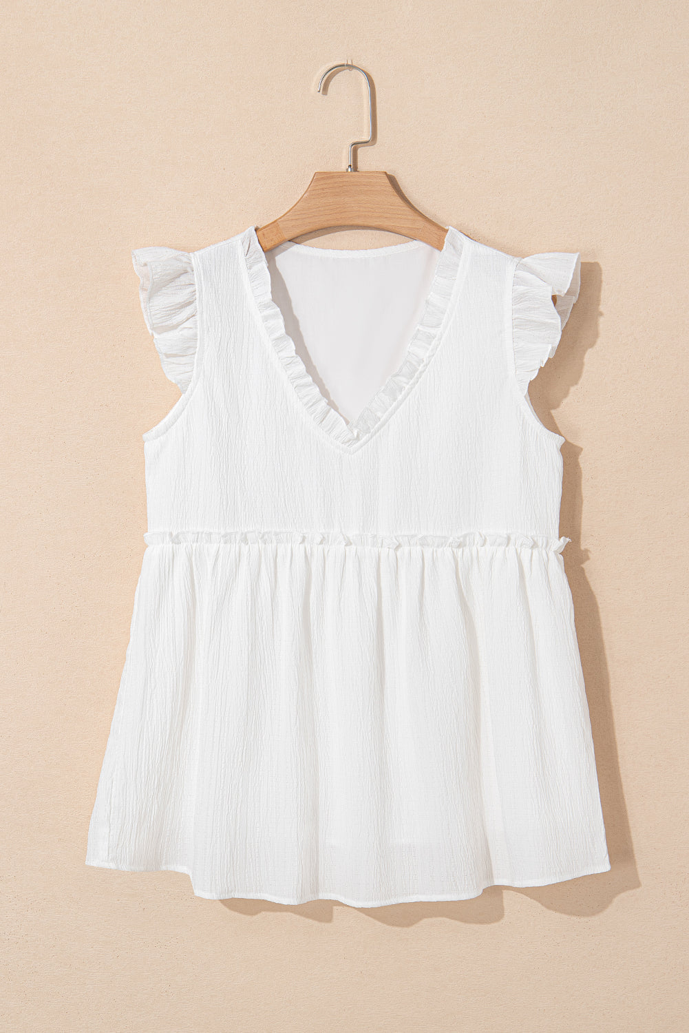 White Textured Ruffled Trim V Neck Flutter Flowy Top eAura