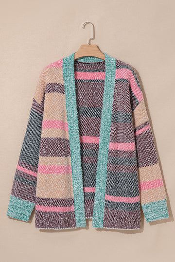 Multicolour Colour Block Striped Side Open Front Cardigan - eAura