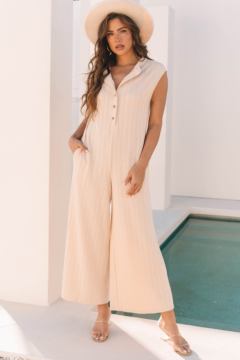 Smoke Grey Textured Buttoned Wide Leg Sleeveless Jumpsuit eAura