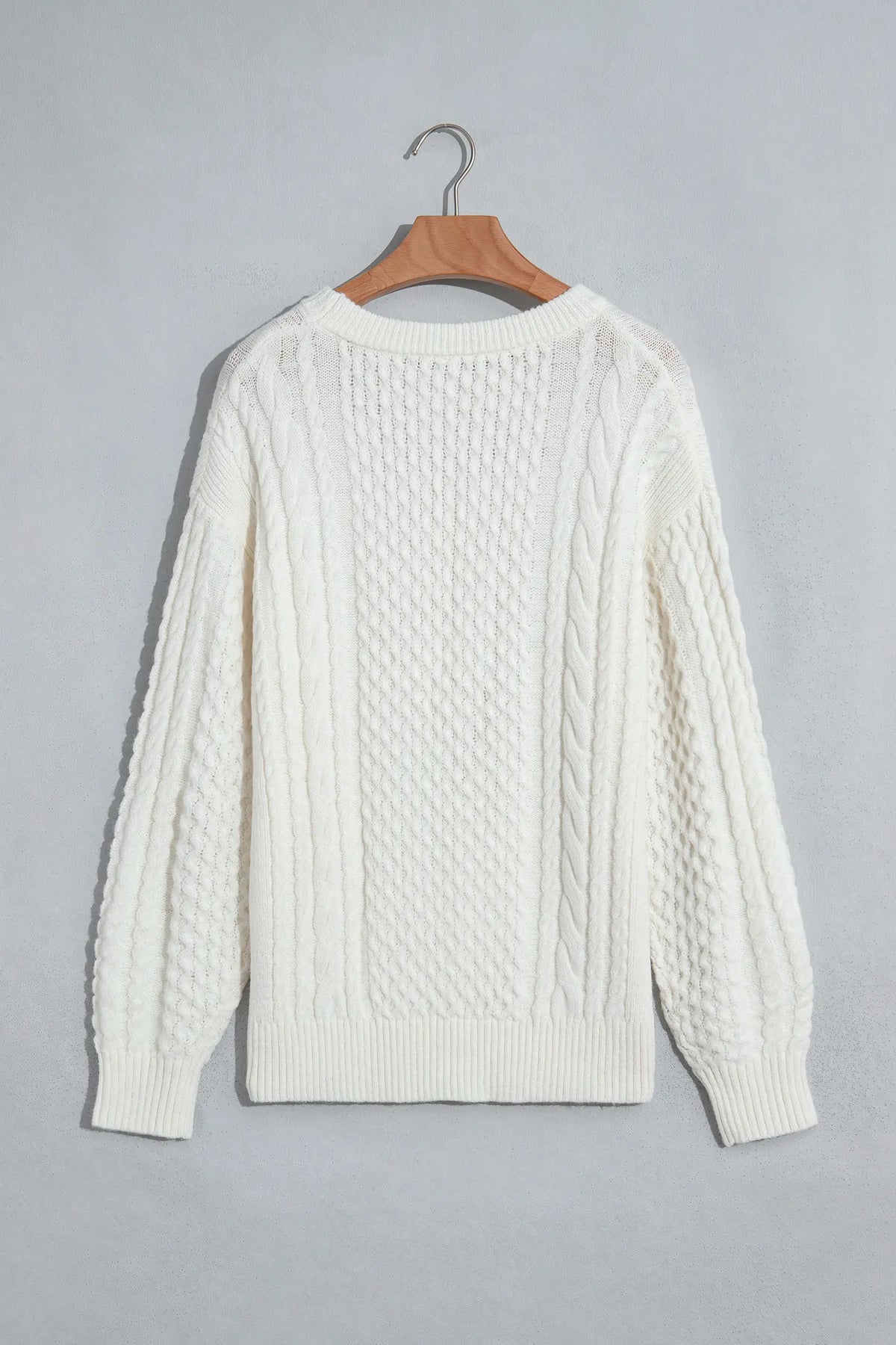 Solid Colour Cable Detail Knit Loose Round Neck Sweater – Beige