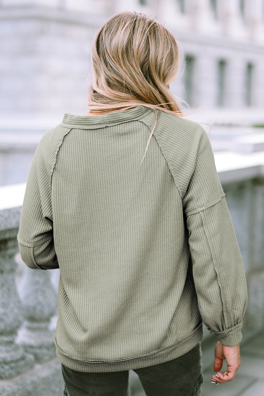 Green Exposed Seam Buttons Front Waffle Knit Cardigan eAura