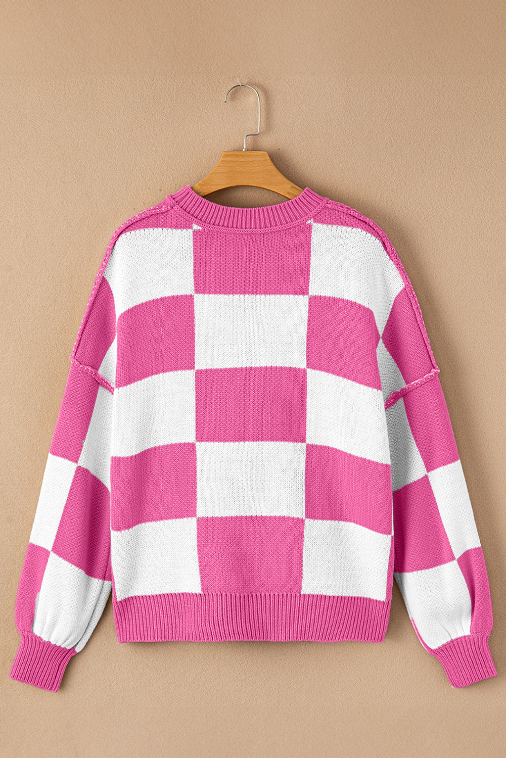 Checkered Bishop Sleeve Sweater – Rose, Pink, Green, Brown, Red & Black