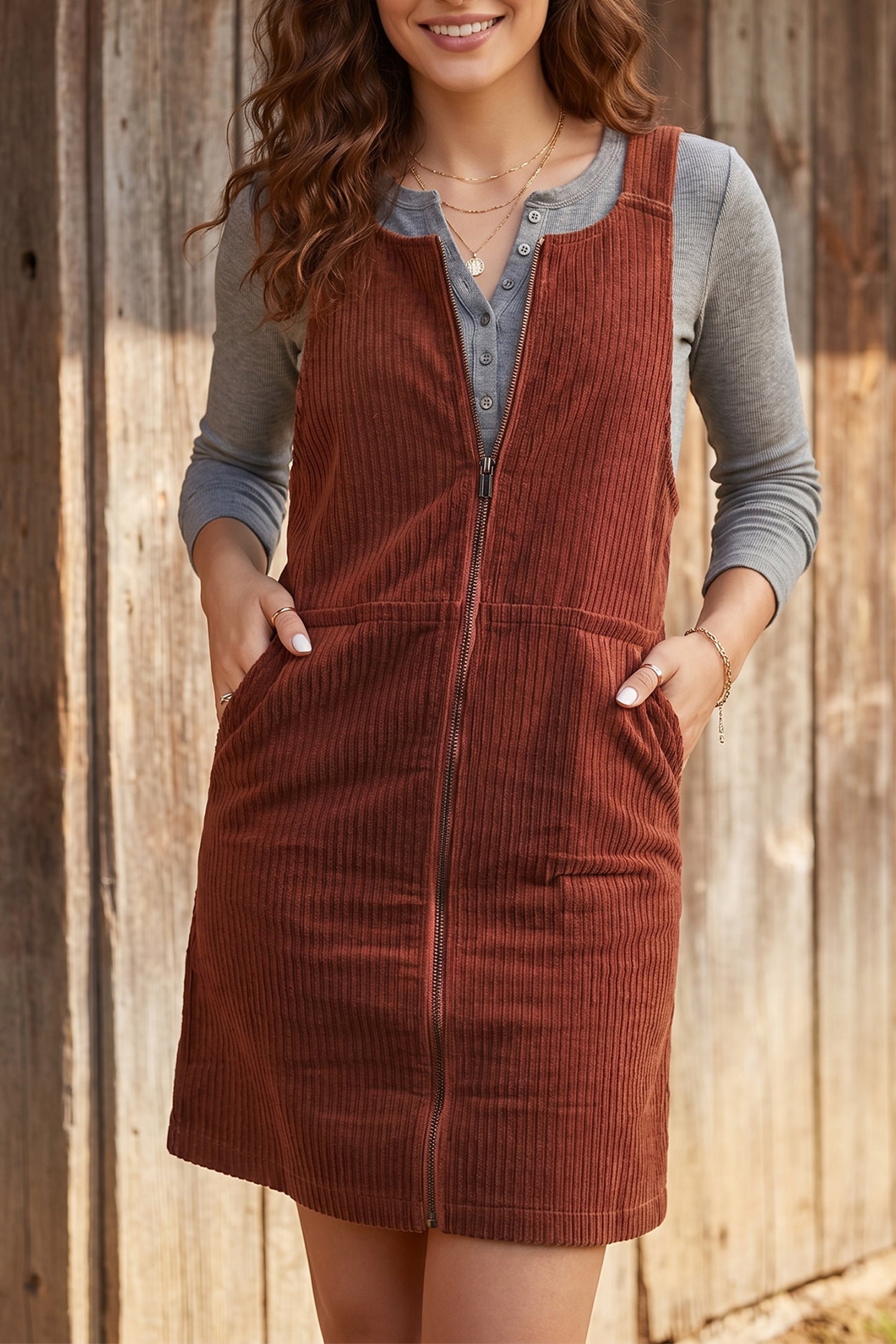 Ribbed Corduroy Zip-Up Sleeveless Pocket Sheath Dress – Clay