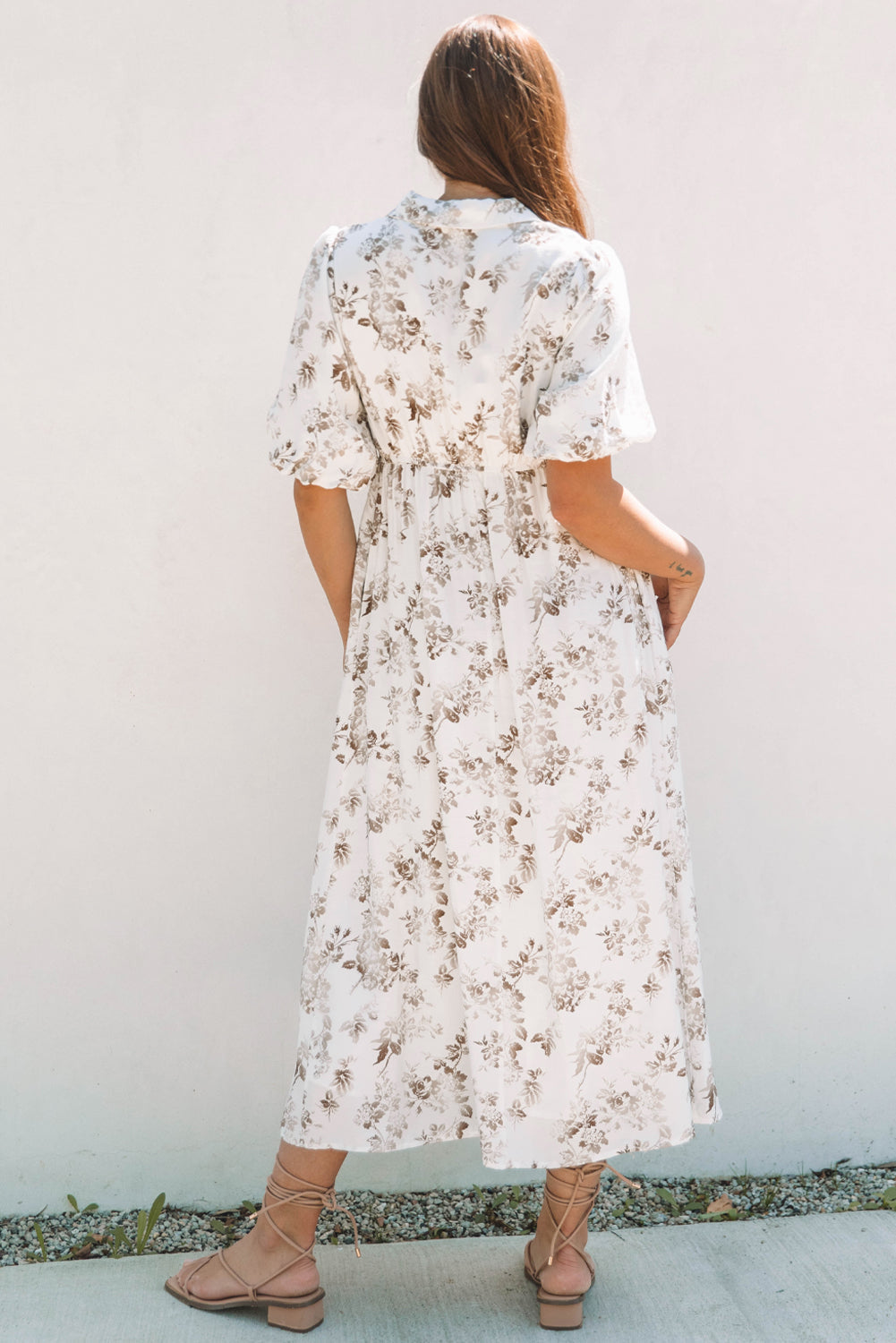 Khaki Floral Puff Sleeve V Neck Buttoned Front Maxi Dress eAura