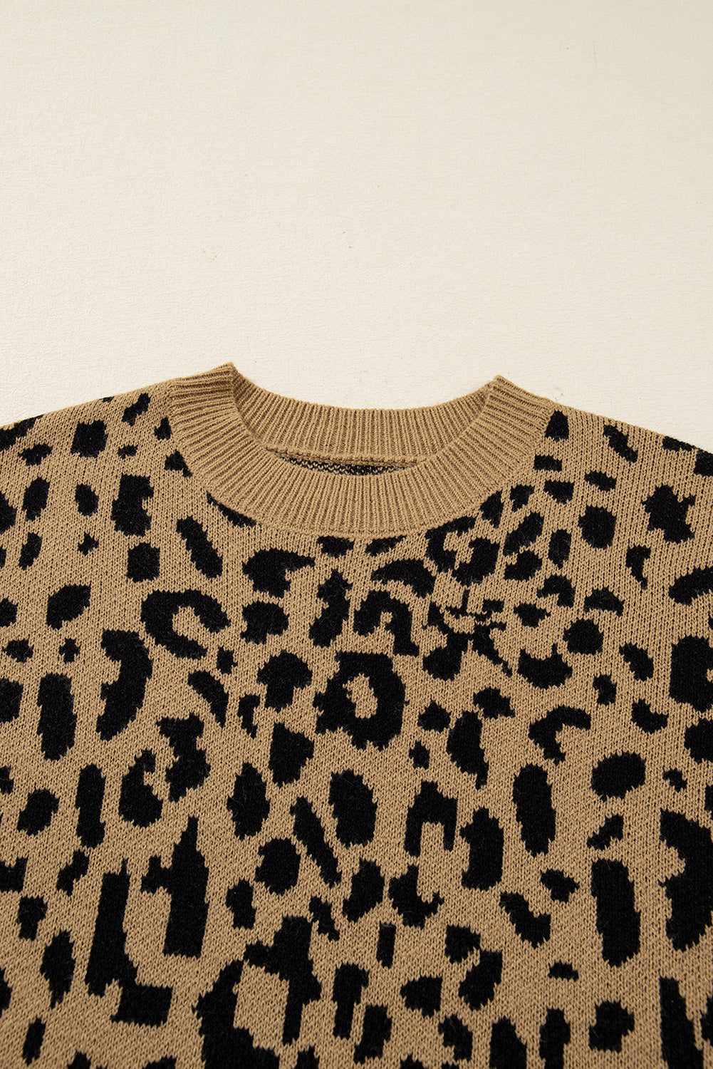Beige Ribbed Trim Round Neck Leopard Drop Shoulder Sweater - eAura