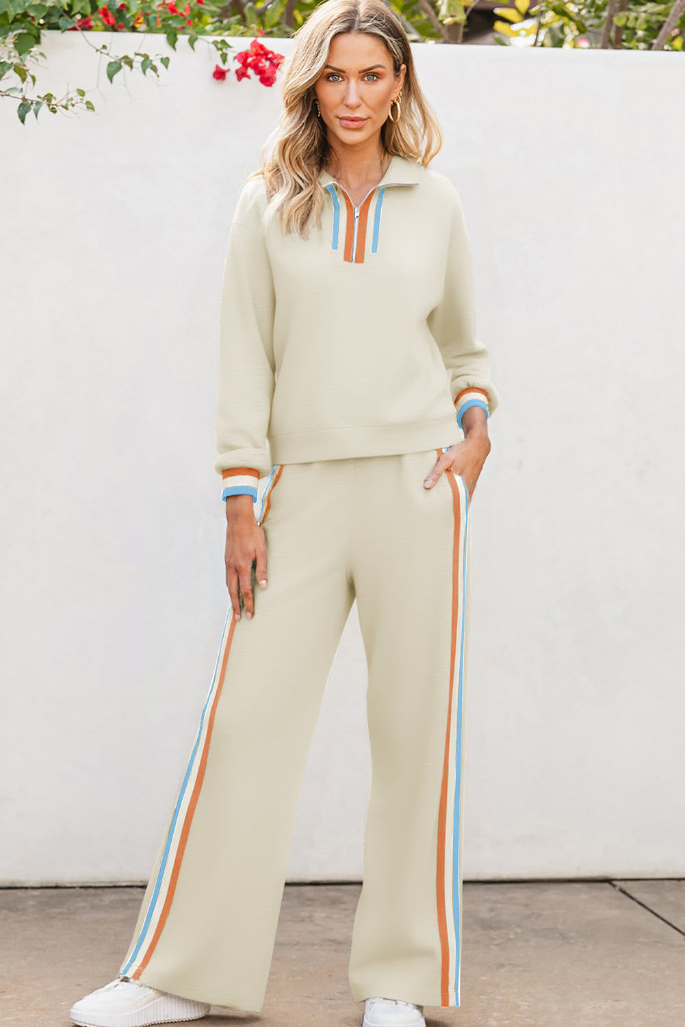 Striped Patchwork Quarter Zip Pullover Loose Trousers Co-ord set - eAura