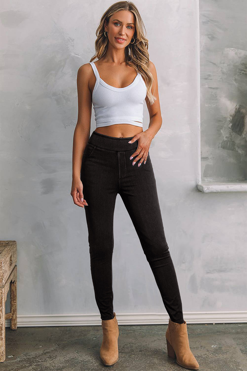 Black Solid Colour High Waist Stretchy Slim Fit Jeggings eAura