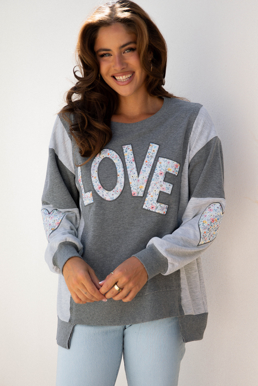 LOVE Graphic Exposed Seam Patchwork Uneven Hem Chic Sweatshirt - eAura