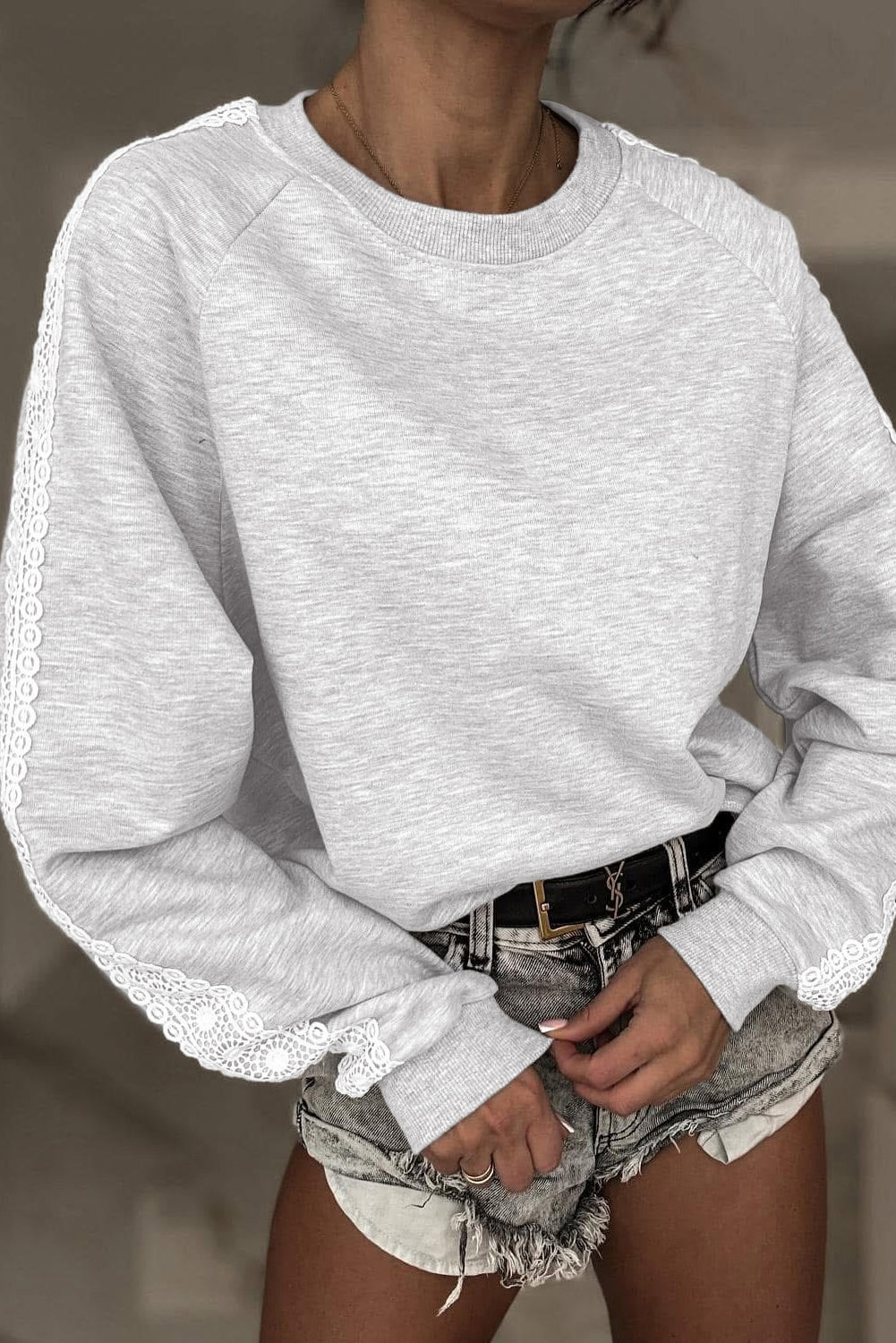 Grey Lace Patchwork Raglan Sleeve Sweatshirt - eAura