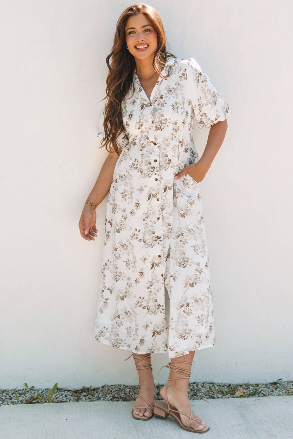 Khaki Floral Puff Sleeve V Neck Buttoned Front Maxi Dress eAura