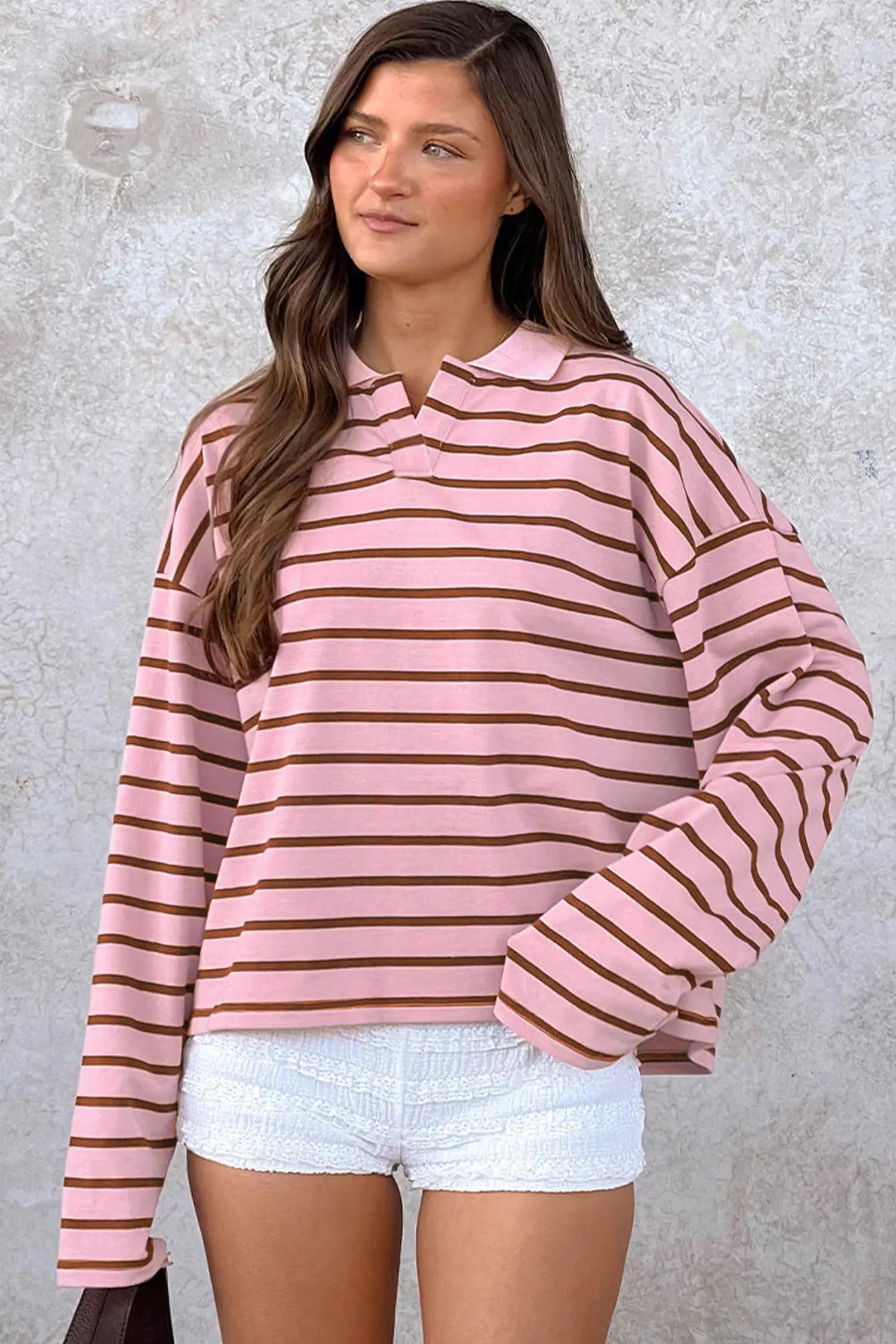 Striped Long Sleeve Collar Shift Top – Pink Stripe