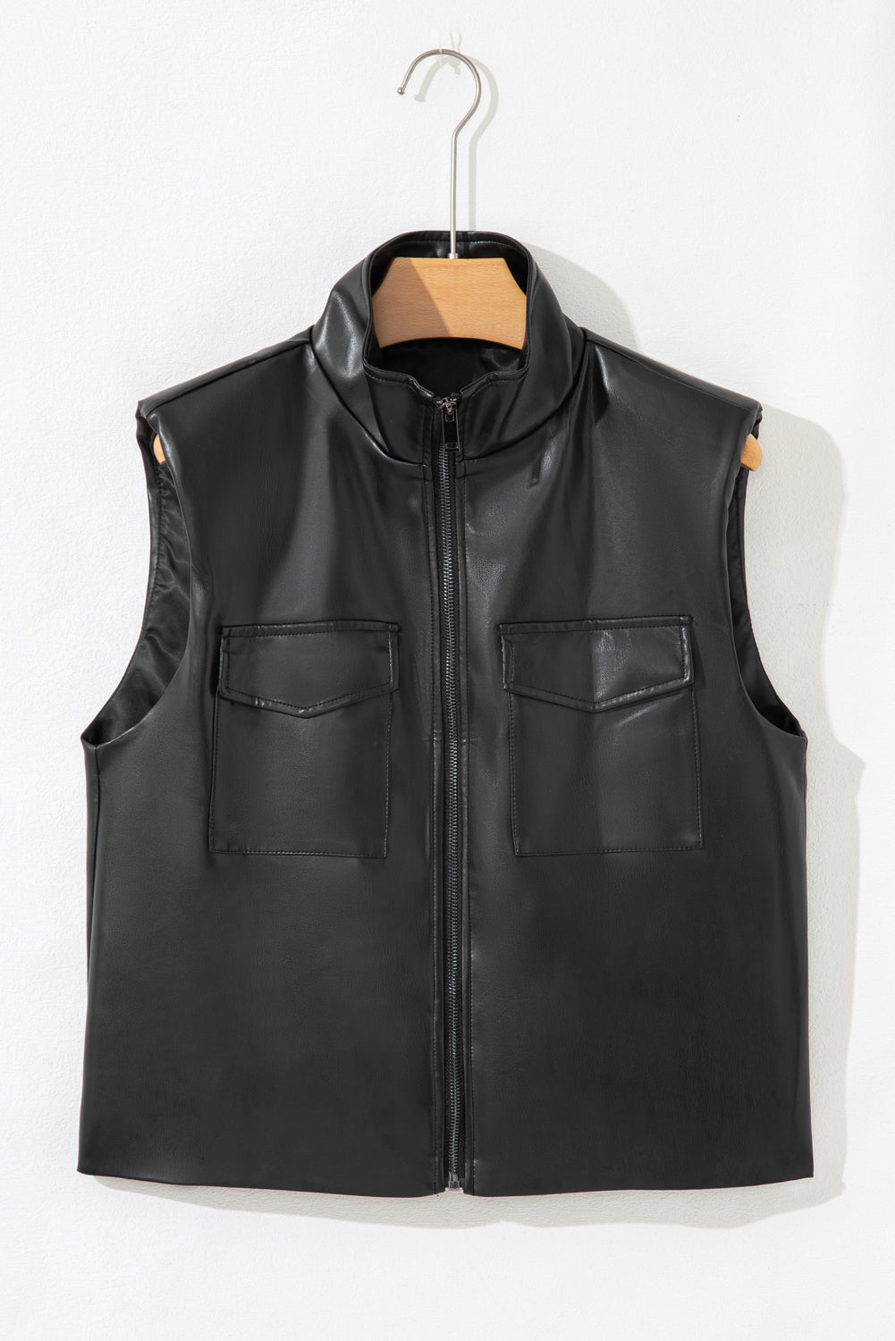 Black Double Flap Pocket Faux Leather Zip Up Stand Neck Vest eAura